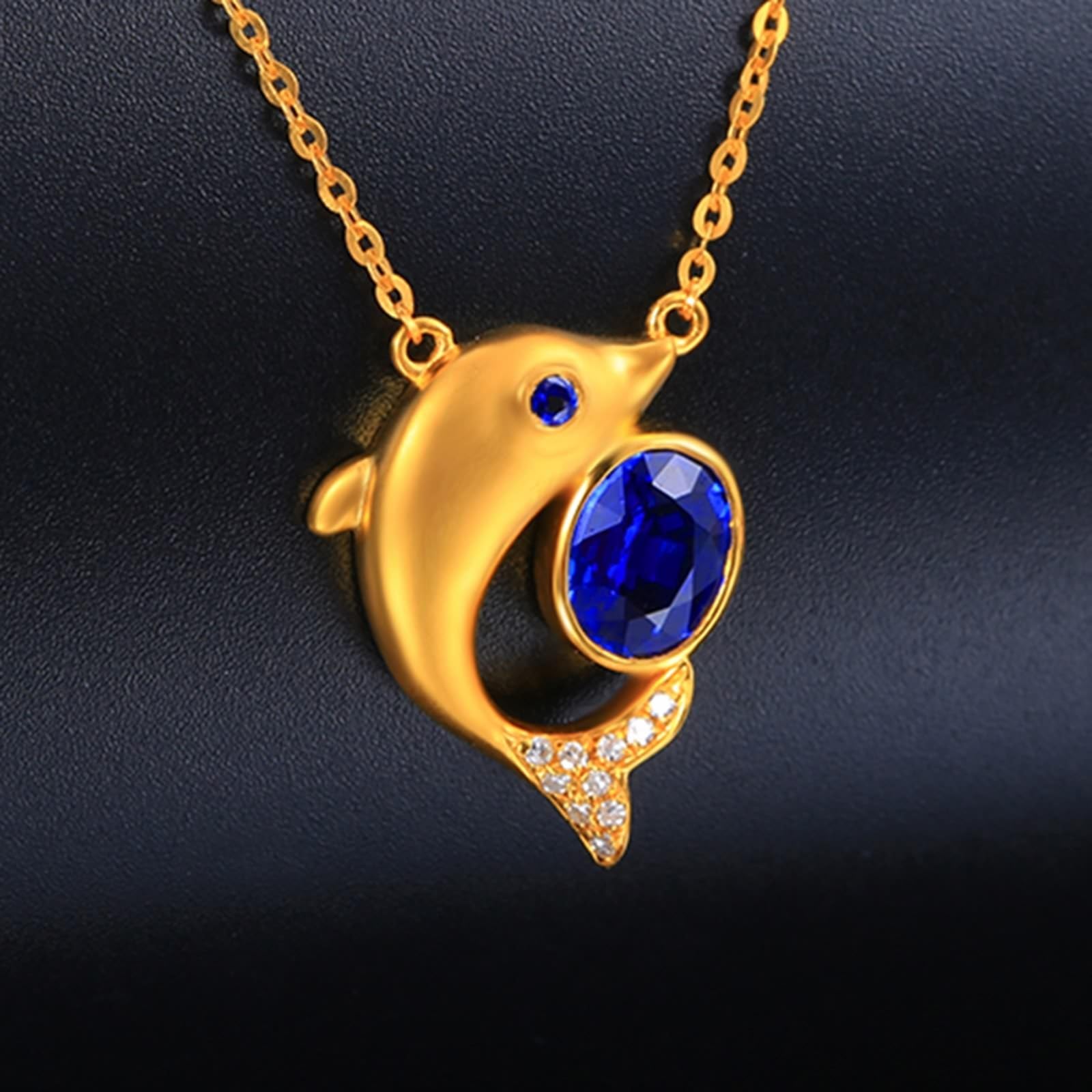 Prawdziwa biżuteria zawieszka do łańcuszka żółte złoto 750 18 K, 0,73 ct laboratorium stworzony łańcuszek szafirowy niebieski, delfin statement łańcuszek etnic żółte złoto Au750 z moissanit