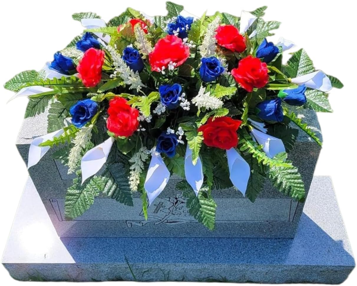 Cemetery Saddle Memorial Decoration - Realistic Silk Faux Floral Artificial Grave Flowers - Red White and Blue Roses and Calla Lilies for Headstone Decorating