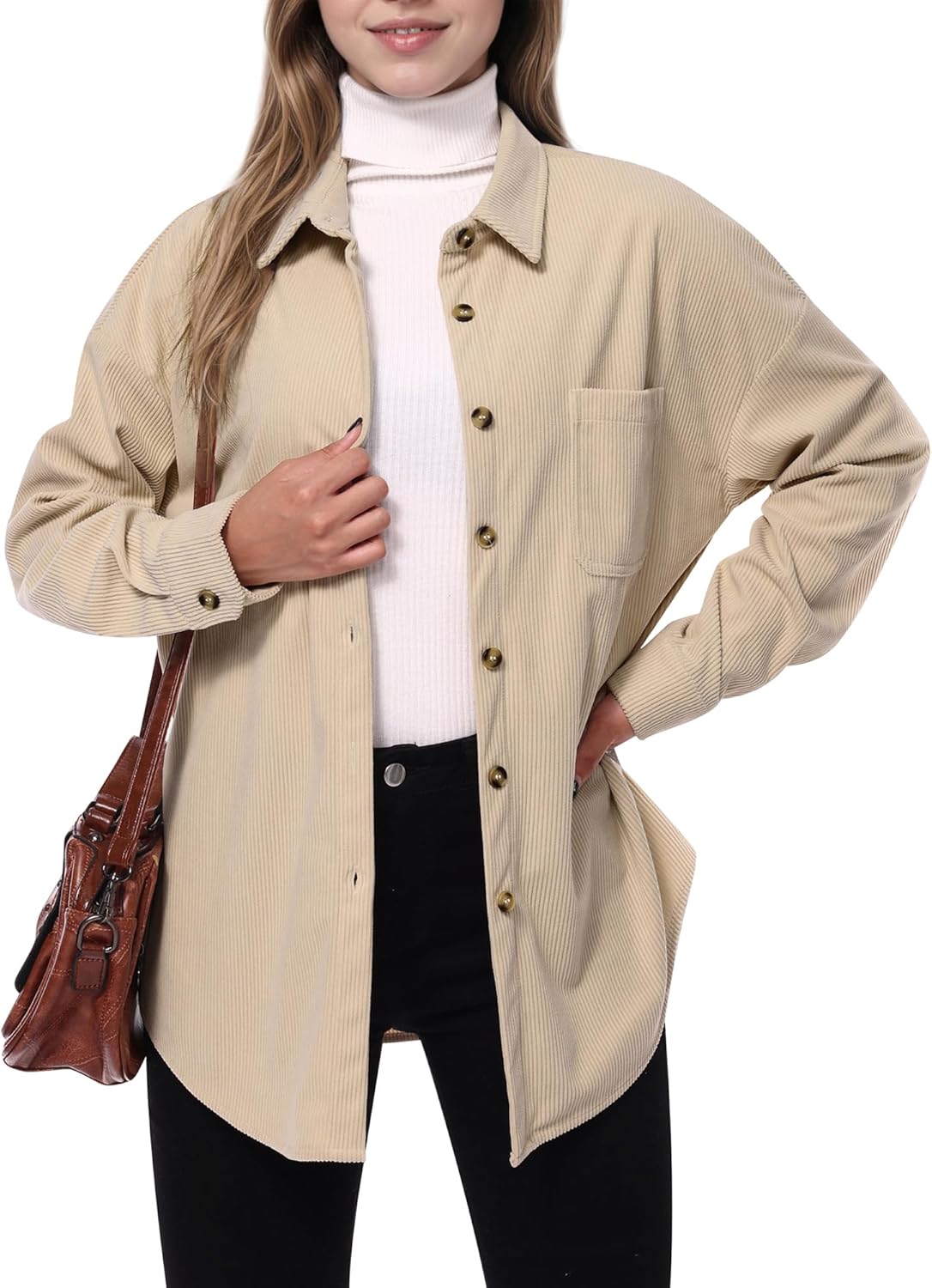 Am Direct Women's Corduroy Shacket Jacket - Oversized Button Down Long Sleeve Shirt with Pocket for Casual Spring Fall