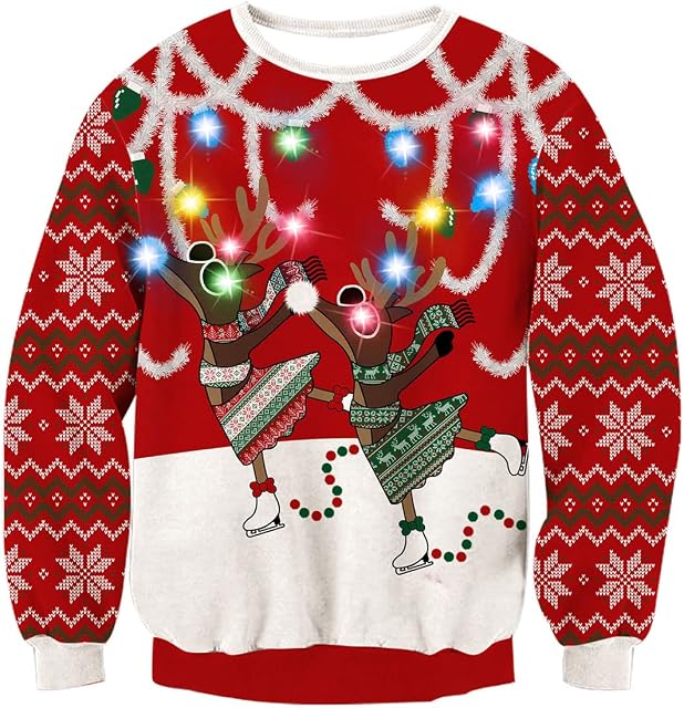 UNIFACO Unisex LED Light Christmas Jumper Up Ugly Sweaters Funny Xmas Jumpers for Men Women 3D Pullover Knitted Sweaters S-XXL