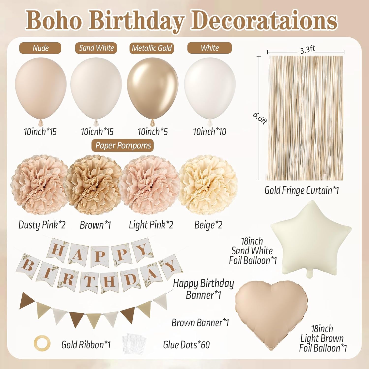 Boho Birthday Decorations for Women with Dusty Light Pink Brown Beige Paper Pompoms Sand White Nude Metallic Gold Balloons Brown Banner Fringe Curtain for Neutral Birthday Decorations - Image 2