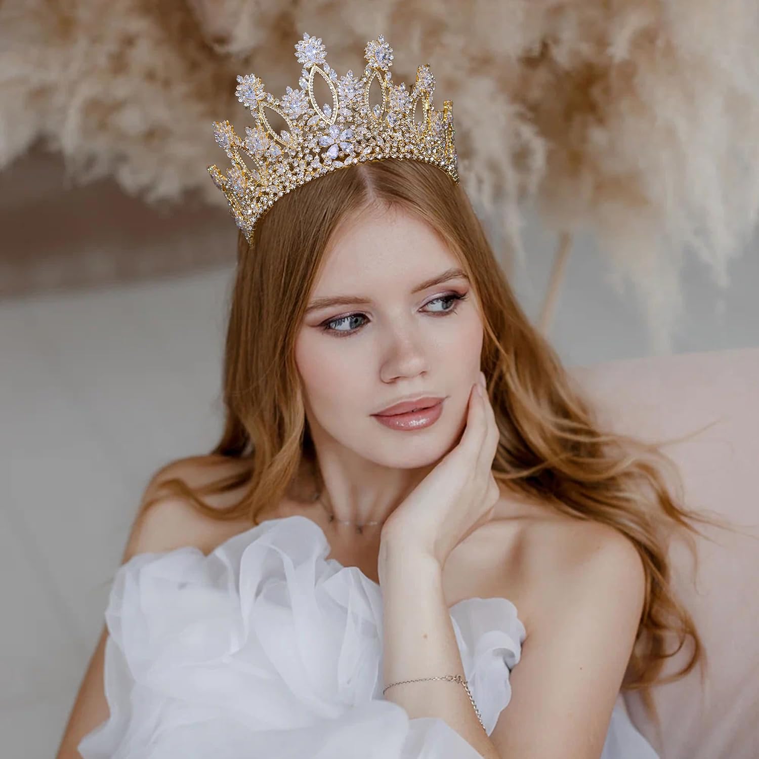 Luxury Tall Cubic Zirconia Tiaras and Crowns for Women CZ Pageant Birthday Party Wedding Hair Pieces for Brides Gold