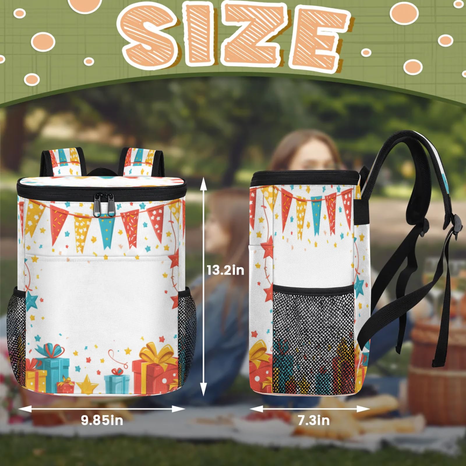 CNNINGYI Large Waterproof Insulated Cooler Backpack, Birthdays Leak Proof Backpack 30 Cans, Black Confetti Dot Birthday Lightweight Cooler Bag for 12h Hot/Cold Retention