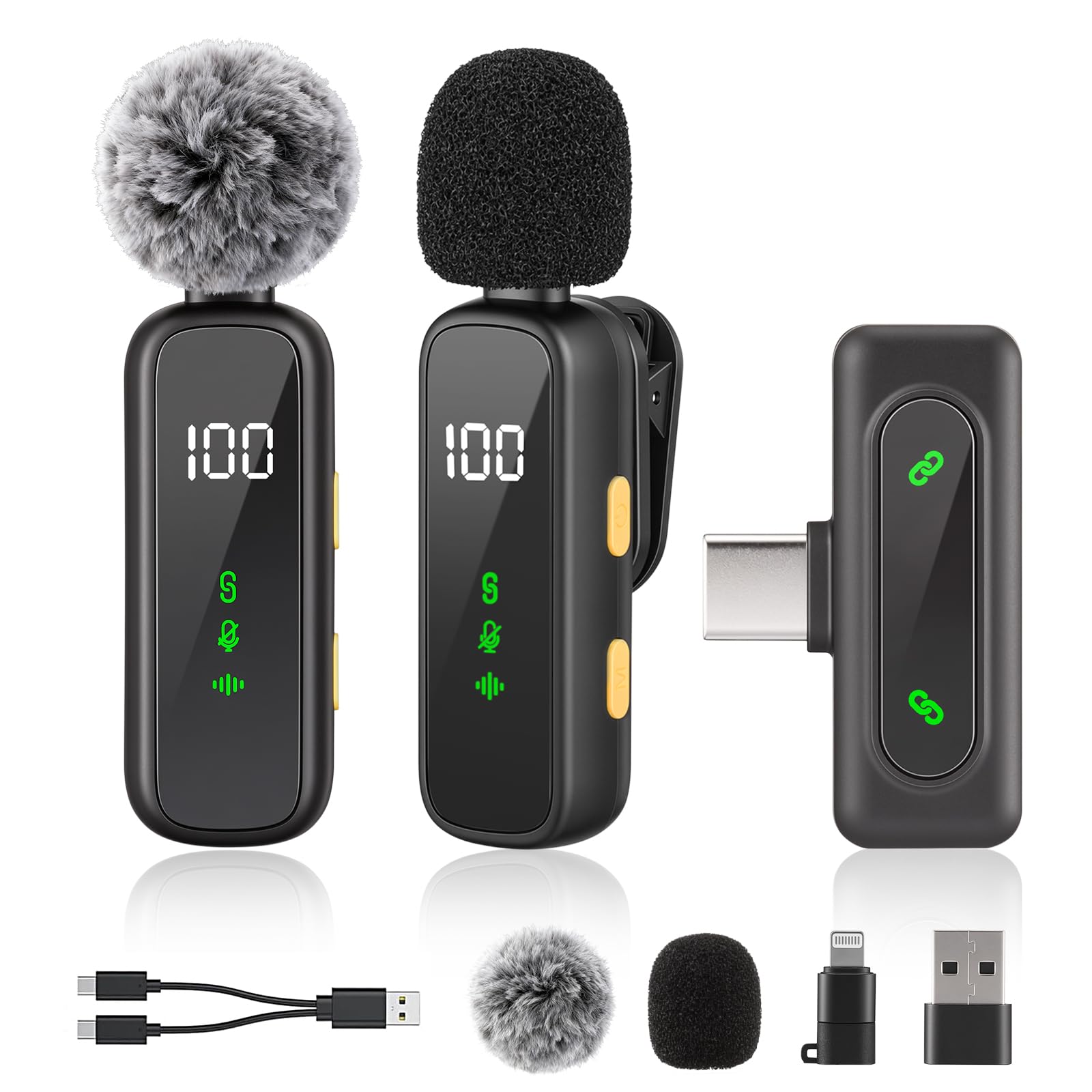 Micro cravatta senza fili con display della batteria, mini lavalier microfono wireless USB microfoni per iPhone/telefono/iPad/PC, accoppiamento automatico, per podcast/vlogging/tiktok/youtube (nero)