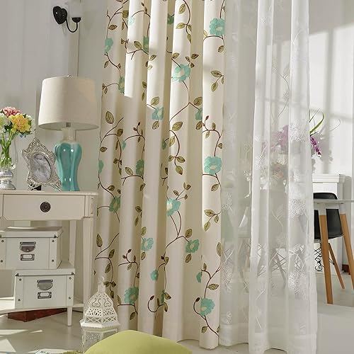 VOGOL - Cortinas con ojales bordadas con diseño floral color azul, imitación de lino, de 2 paneles, para ventanas de dormitorio o de sala de estar