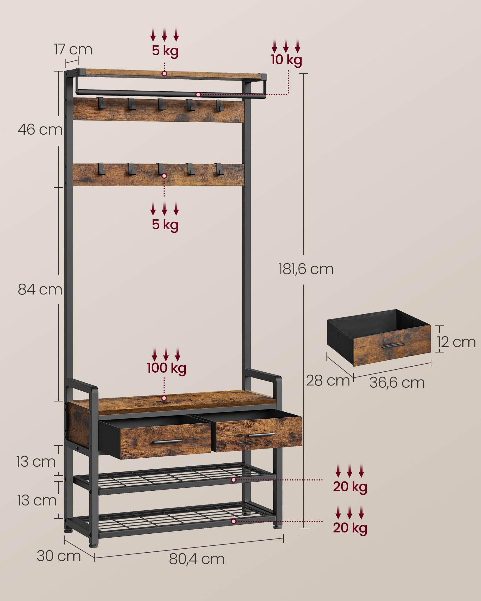 VASAGLE Appendiabiti da Ingresso, Mobile da Ingresso con 10 Ganci Rimovibili, 2 Cassetti, Panca Scarpiera, Design Separabile, 30 x 80,4 x 181,6 cm, Marrone Vintage e Nero Inchiostro HSR429B01