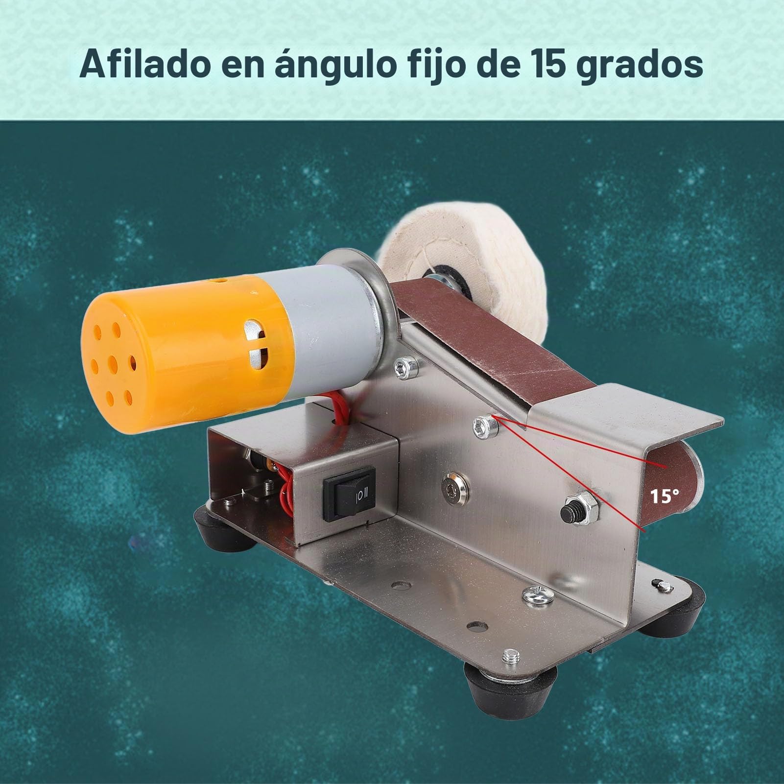 Lijadora de Banda Eléctrica Mini, 775 Motor, 7 Velocidades Ajustables, 15 Grados, Doble Salida, para Metal y Madera