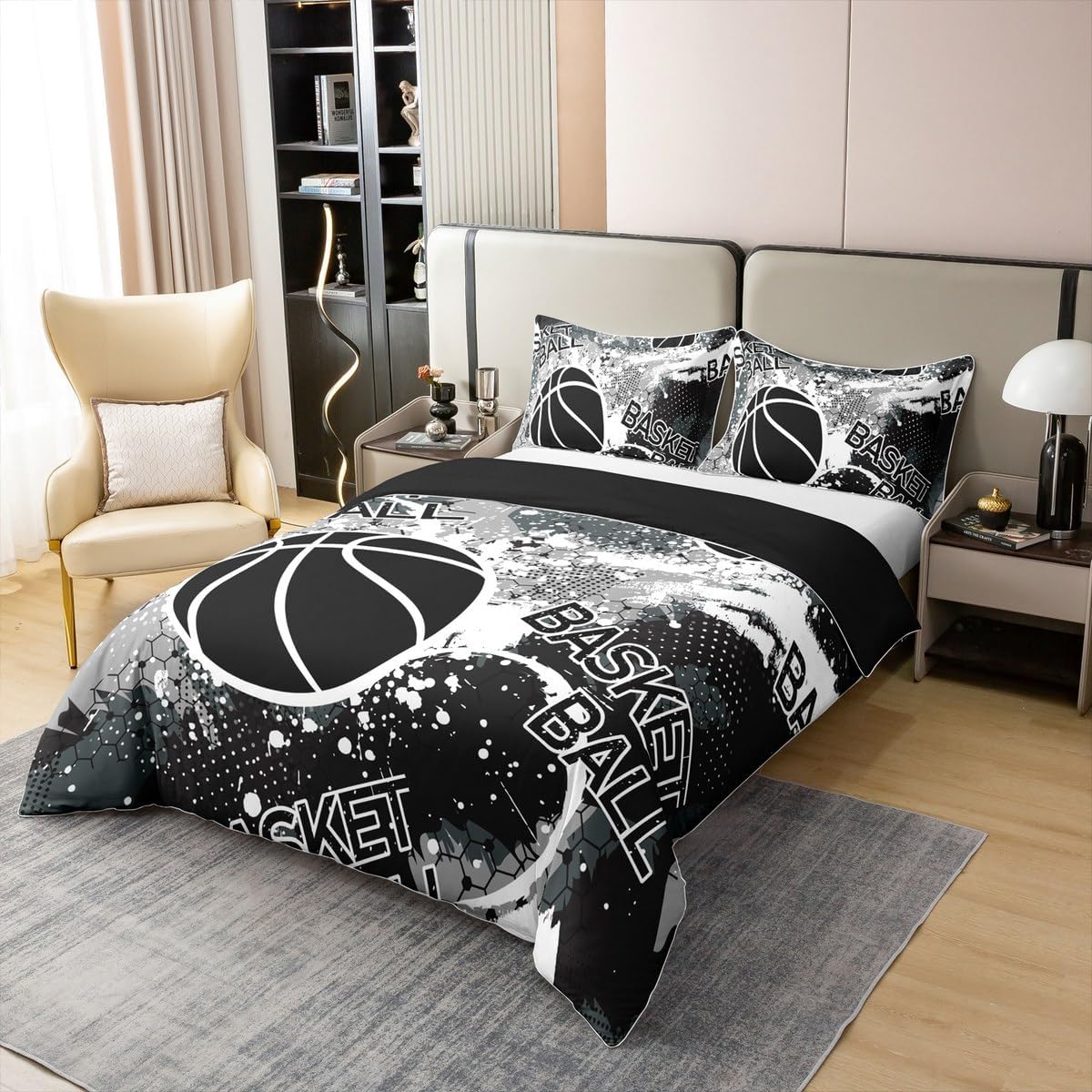 Feelyou Grey Basketball Duvet Cover 100% Cotton Full Size Gaming Sports Comforter Cover Set Gift for Basketball Lover Honeycomb Bedding Set Basketball Player Bedspread Cover Quilt Cover,No Comforter