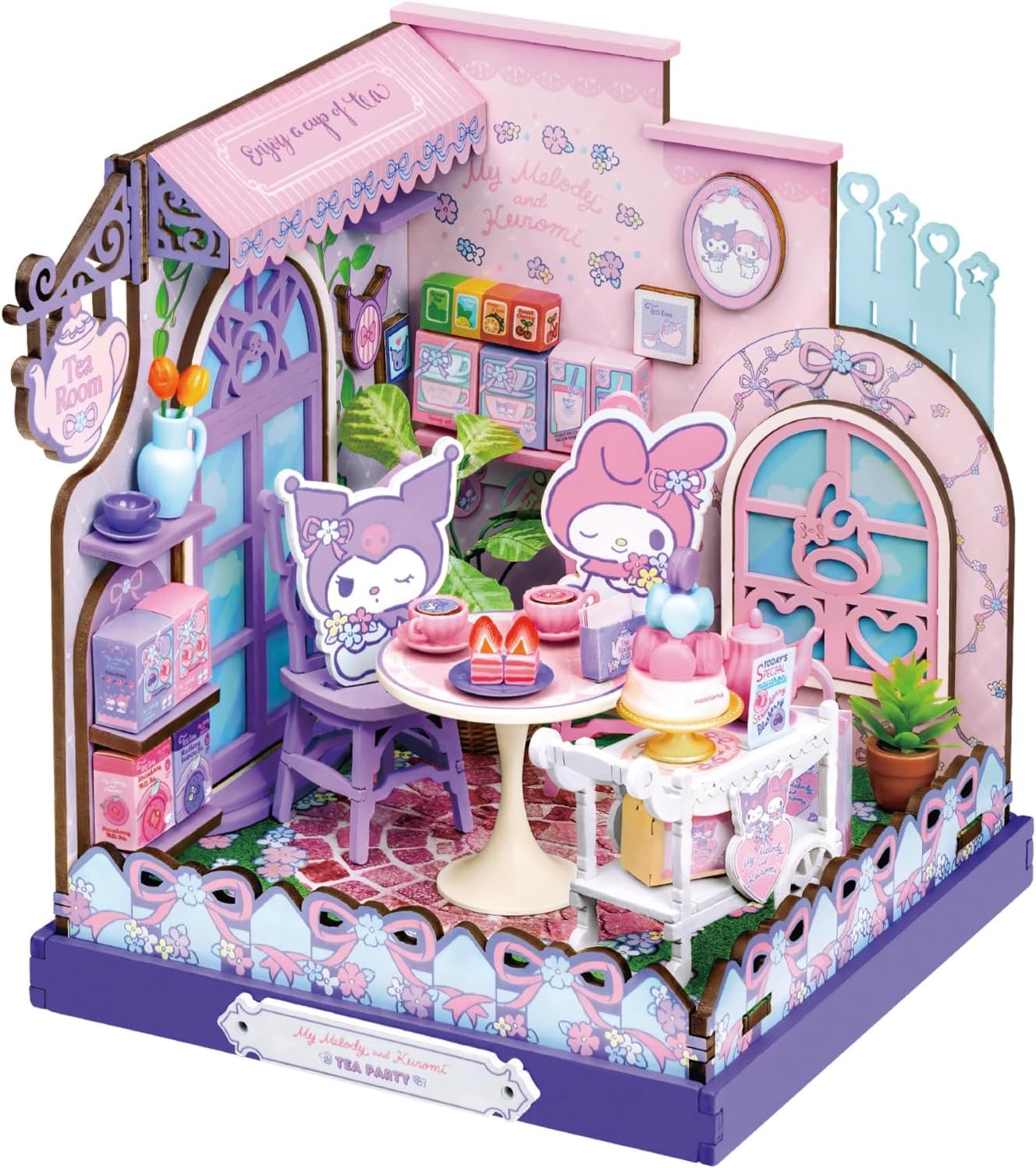 Hands Craft My Melody & Kuromi Tea Party Miniature House Kit – Kawaii 3D Puzzle with Tiny Tea Cups & Cake – DIY Wooden Craft Kit for Bedroom or Bookshelf Decor & Gifts