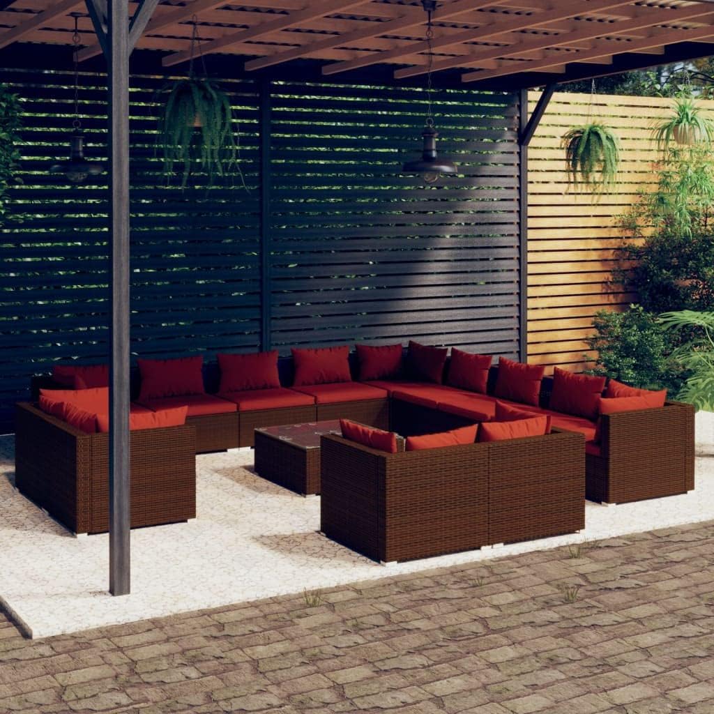 vidaXL Patio Lounge Set 14 Piece, Patio Furniture Set for Outside Garden, Sectional Sofa with Cushions, Corner Sofa, Brown Poly Rattan