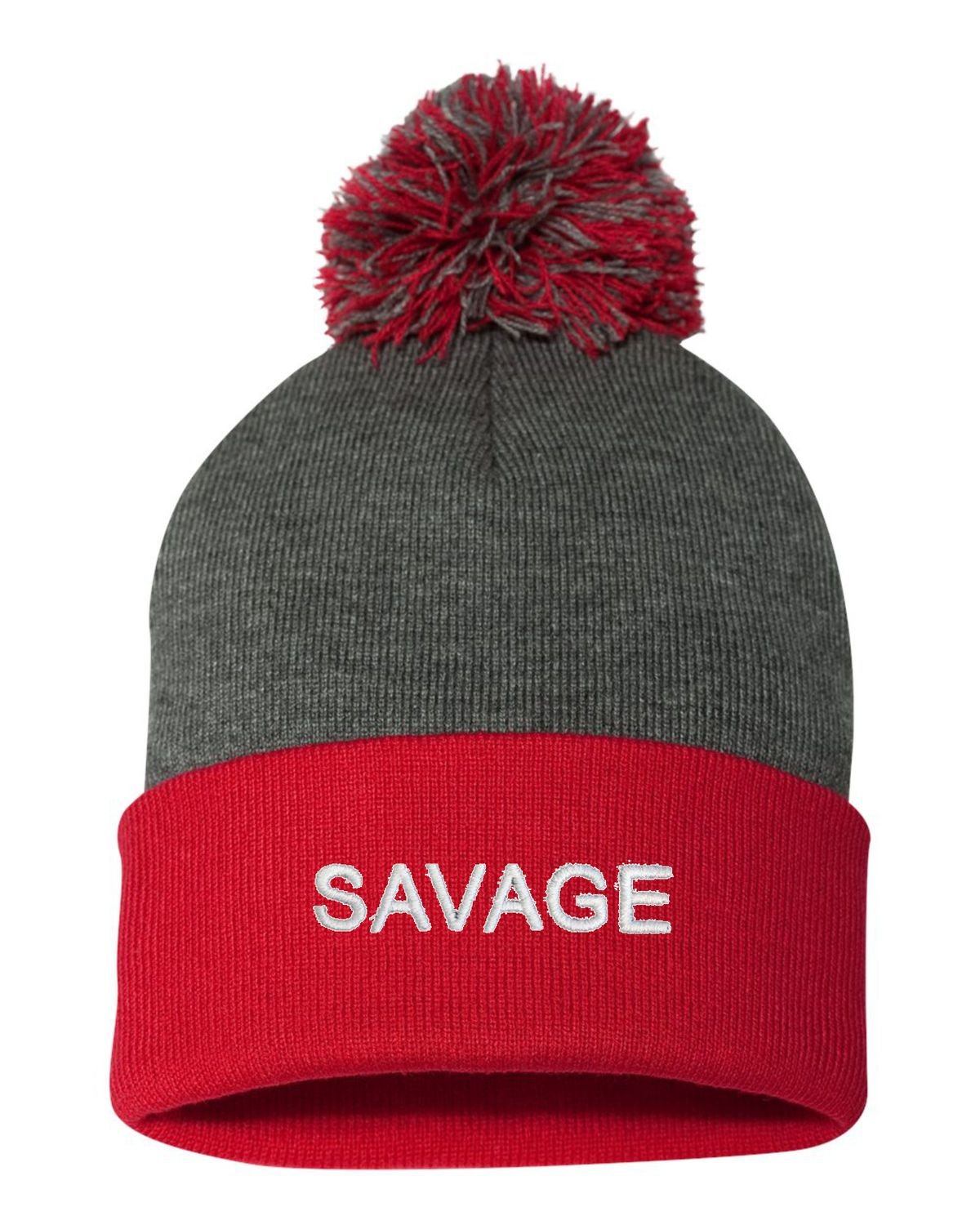 Go All Out One Size Dark Heather Grey/red Pom Savage Embroidered Knit Beanie Pom Cap