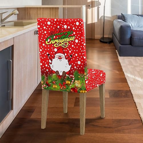 Miniatura 7 de Rnyleeg Juego de 2 fundas elásticas para sillas de comedor, diseño de lunares rojos de Papá Noel, fundas protectoras para sillas de comedor para el