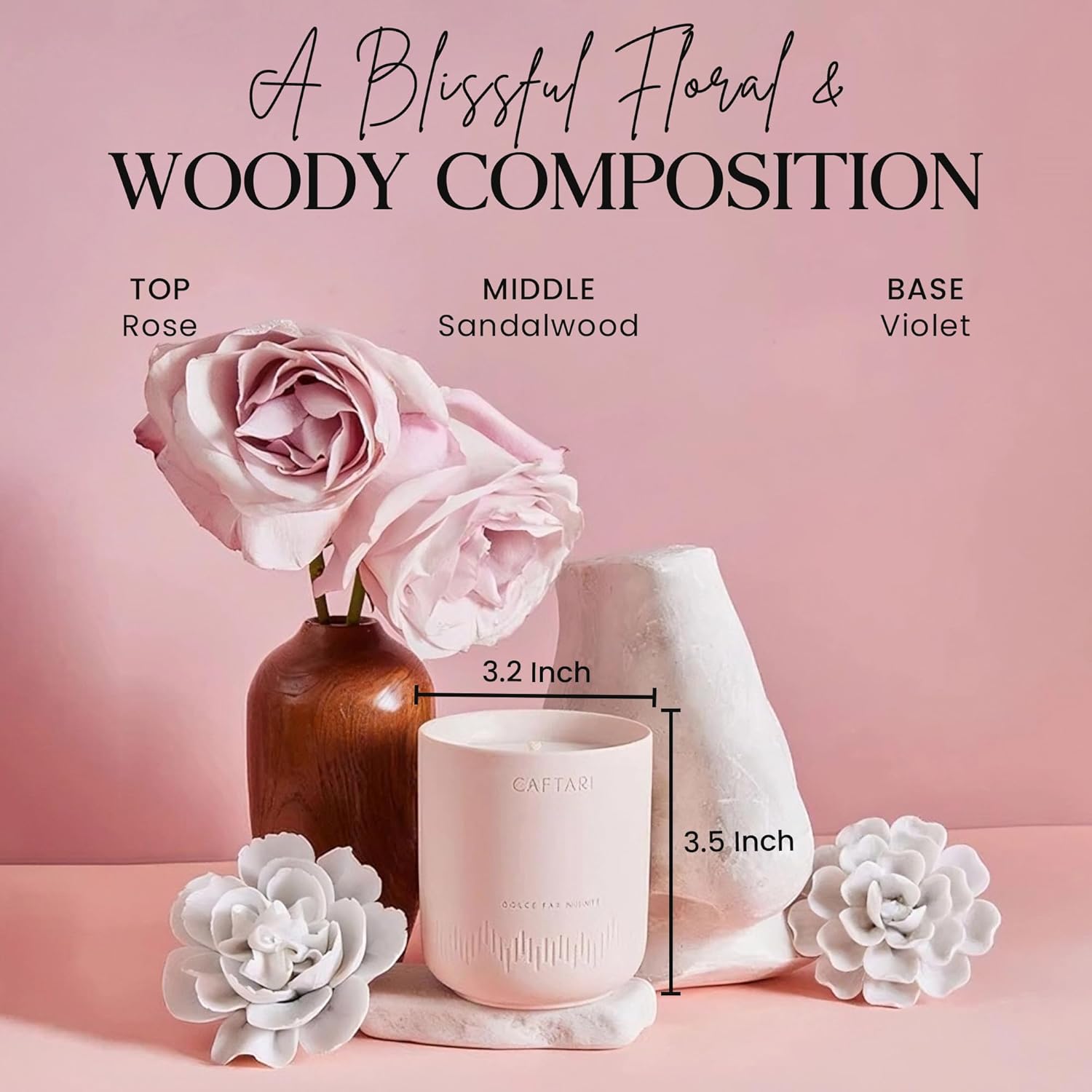 CAFTARI Luxury Aromatherapy Candle | Rose, Sandalwood & Violet Scented | 60 Hour Burn | Clean Coconut Soy Wax | Vegan, Gift-Ready Candle for Upliftment, Presence and Happiness | Dolce Far Niente