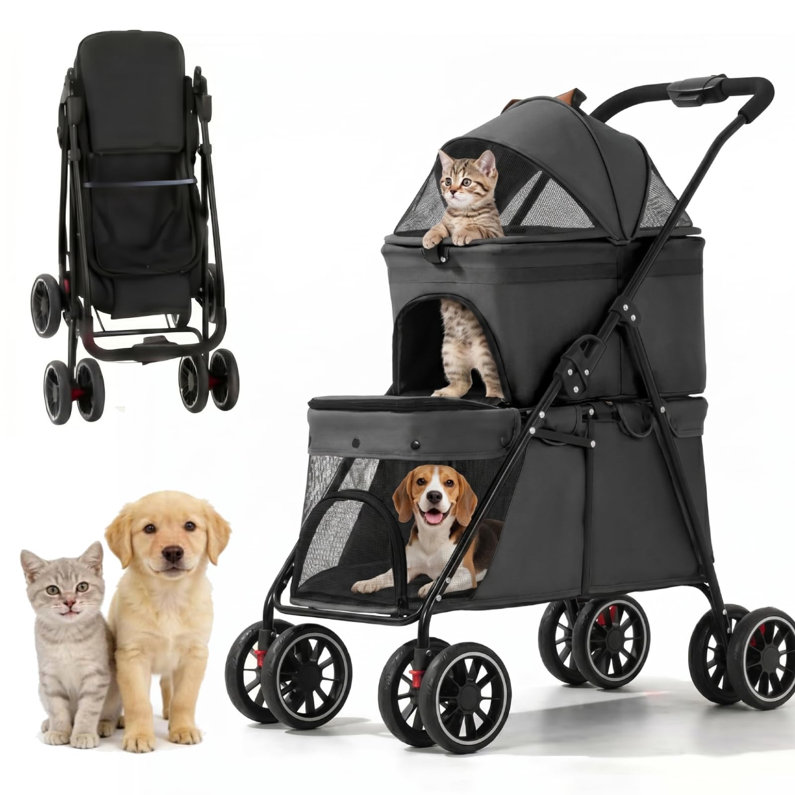 Simanli Double Pet Stroller for Small Cats Dogs Foldable 2 Carriages Portable Puppy Kittens Trolley 4 in 1 Pet Stroller 4 Wheels for Spring Summer Travel Camping Walk with Storage Bag Black