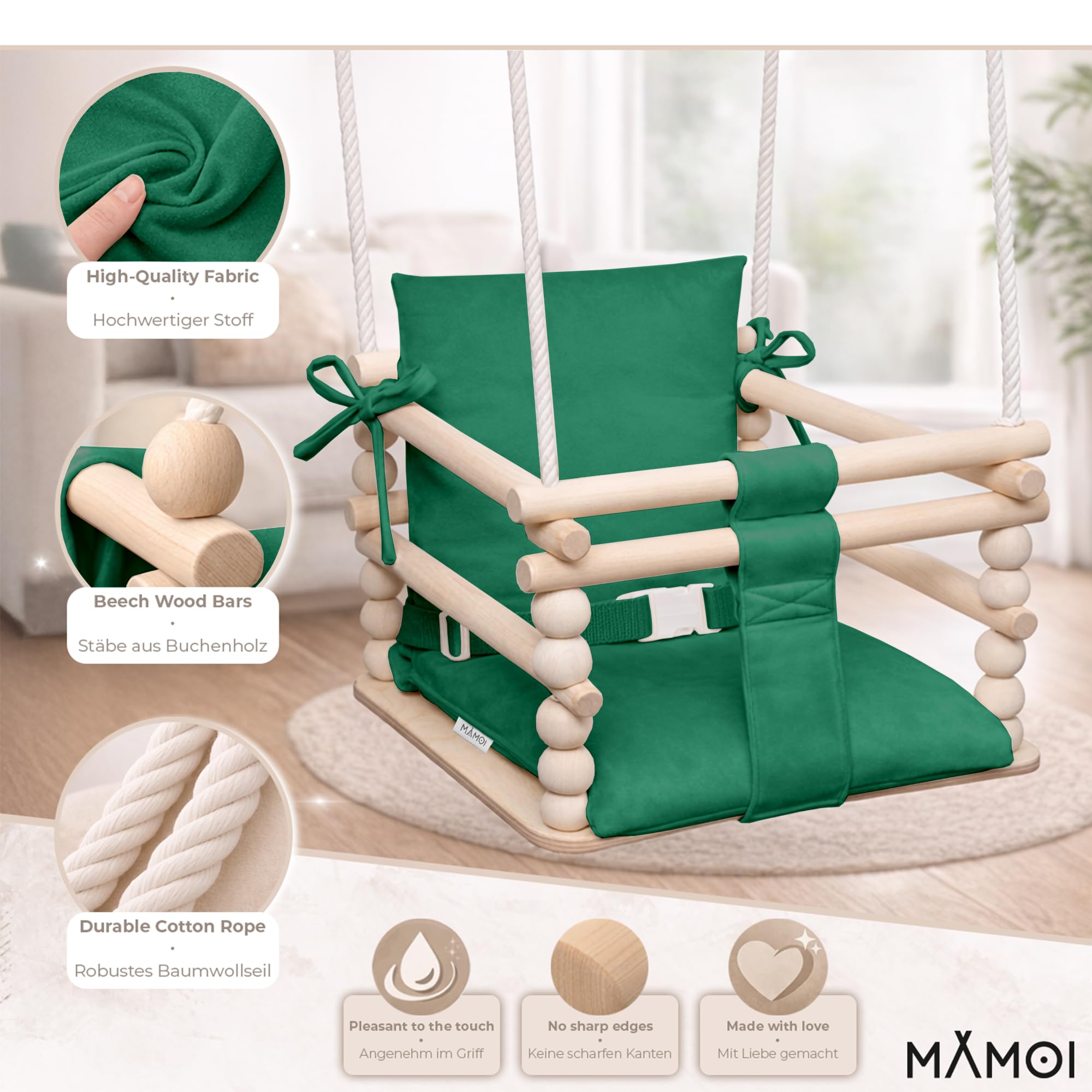 MAMOI Columpio Infantil 3 en 1 con cinturón de Seguridad, Regulable en Altura, Columpio para casa, Estructura Estable, Montaje Sencillo, Columpio Infantil para Interior