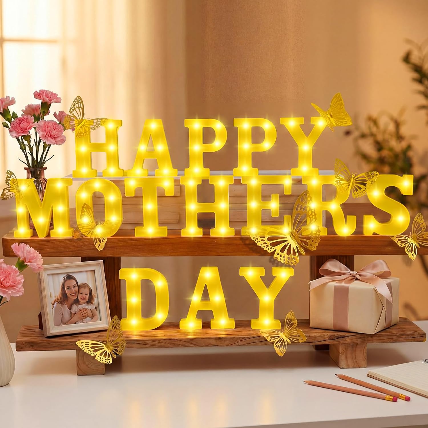 16 Pcs Happy Mothers Day Decorations Mom Large LED Letter Lights Signs with Butterfly Battery Powered Mothers Day Table Decorations for Party Gifts Supplies Decoratio