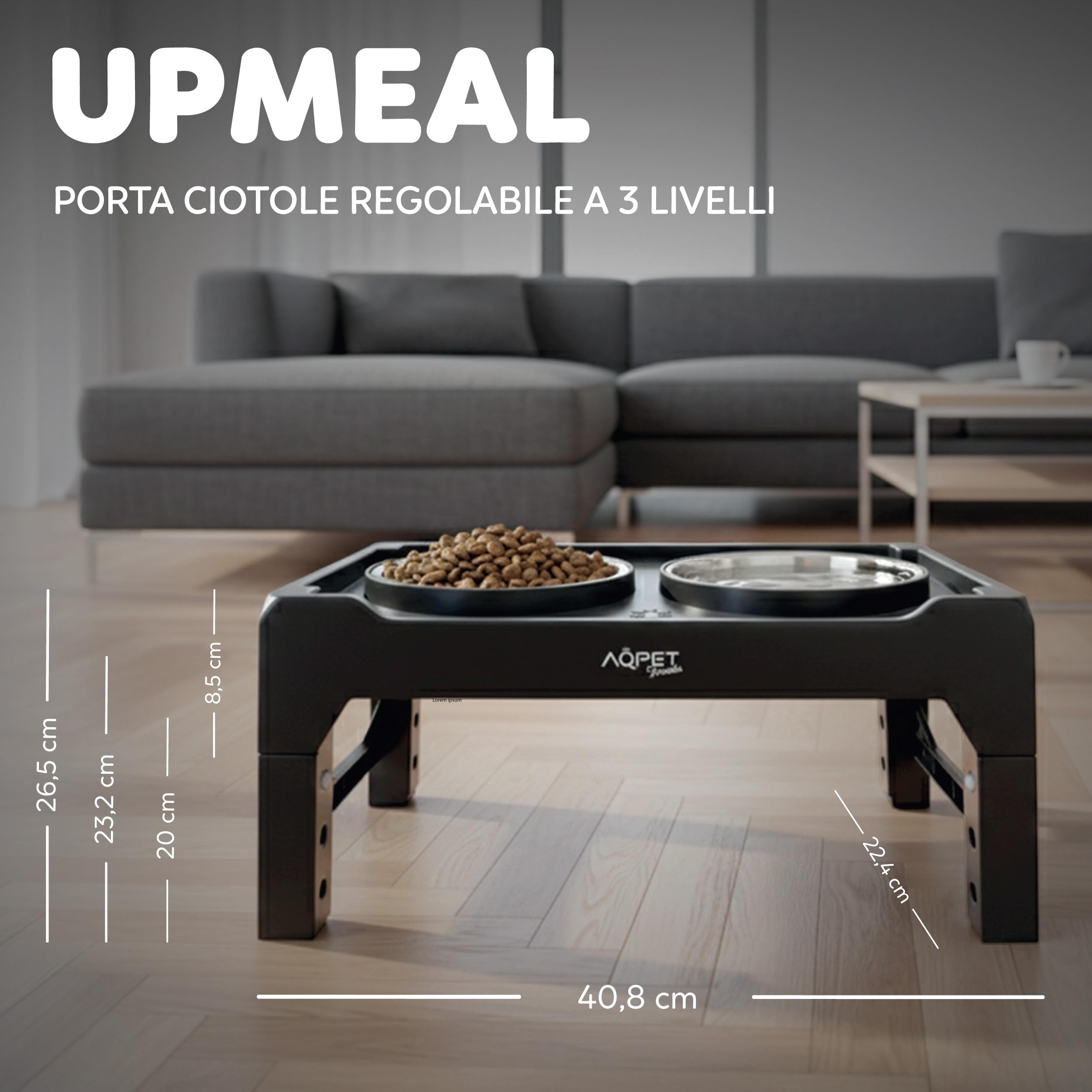 AqpetFriends Porta Ciotole Rialzato per Cani a 3 Livelli Regolabili – Supporto Antiscivolo 40x22x8-26h cm con 2 Ciotole in Acciaio Inox Ø14 cm – Migliora la Postura Durante il Pasto
