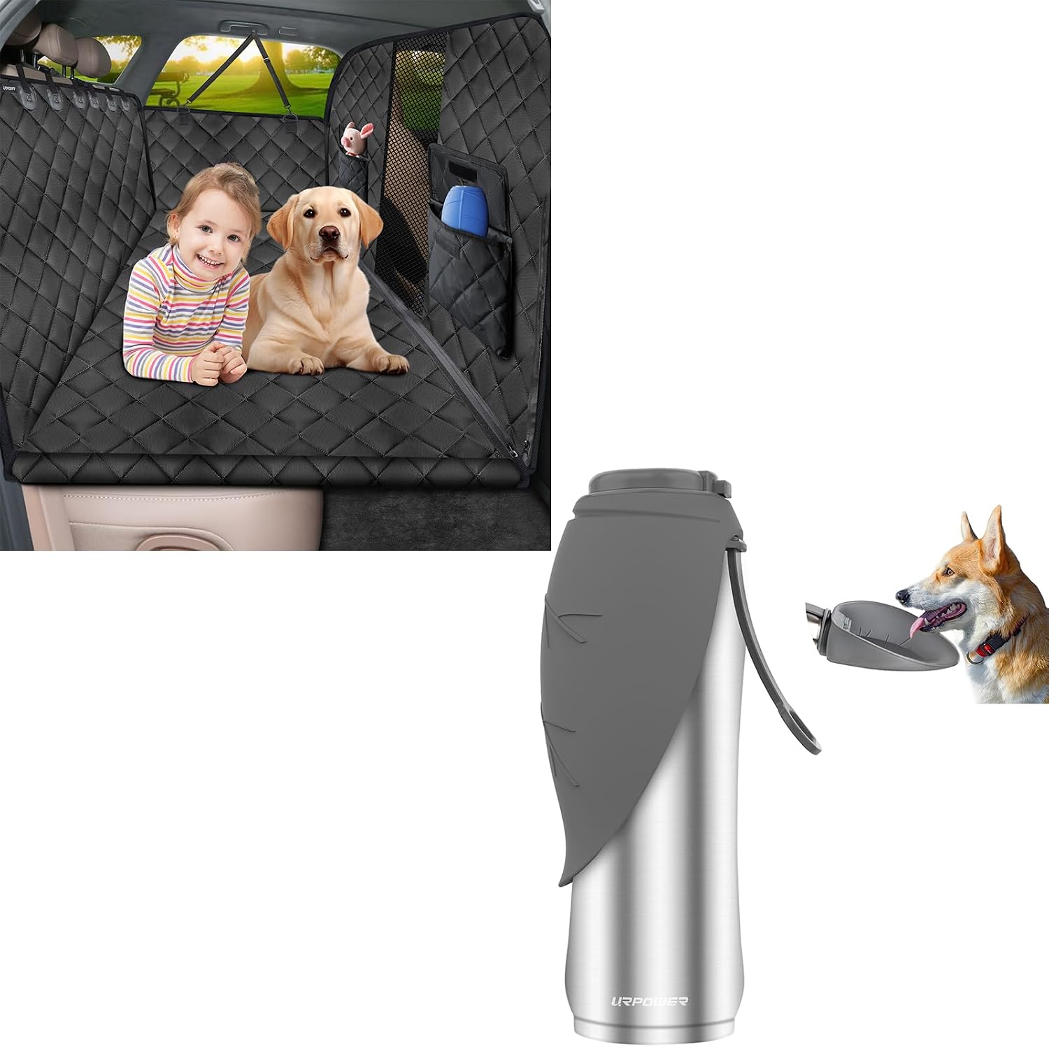 URPOWER 27Oz Insulated Portable Dog Water Bottle & High Barrier Dog Back Seat Extender