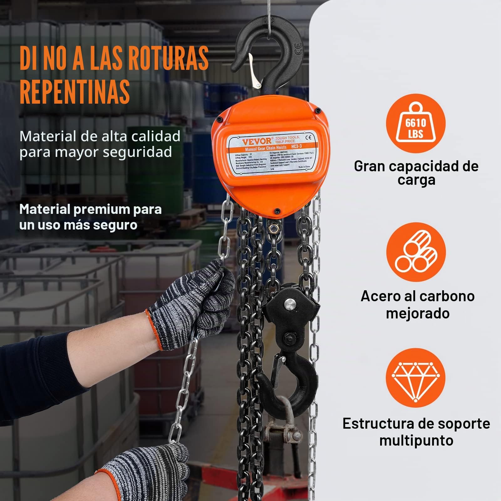 VEVOR Polipasto de Cadena Manual 3 T Polipasto de Cadena con Gancho de Bloque de 360° Altura de Elevación 2,8 m Acero Aleado G80 Guía de Cadena con Freno de Doble Trinquete para Garajes de Mercancías