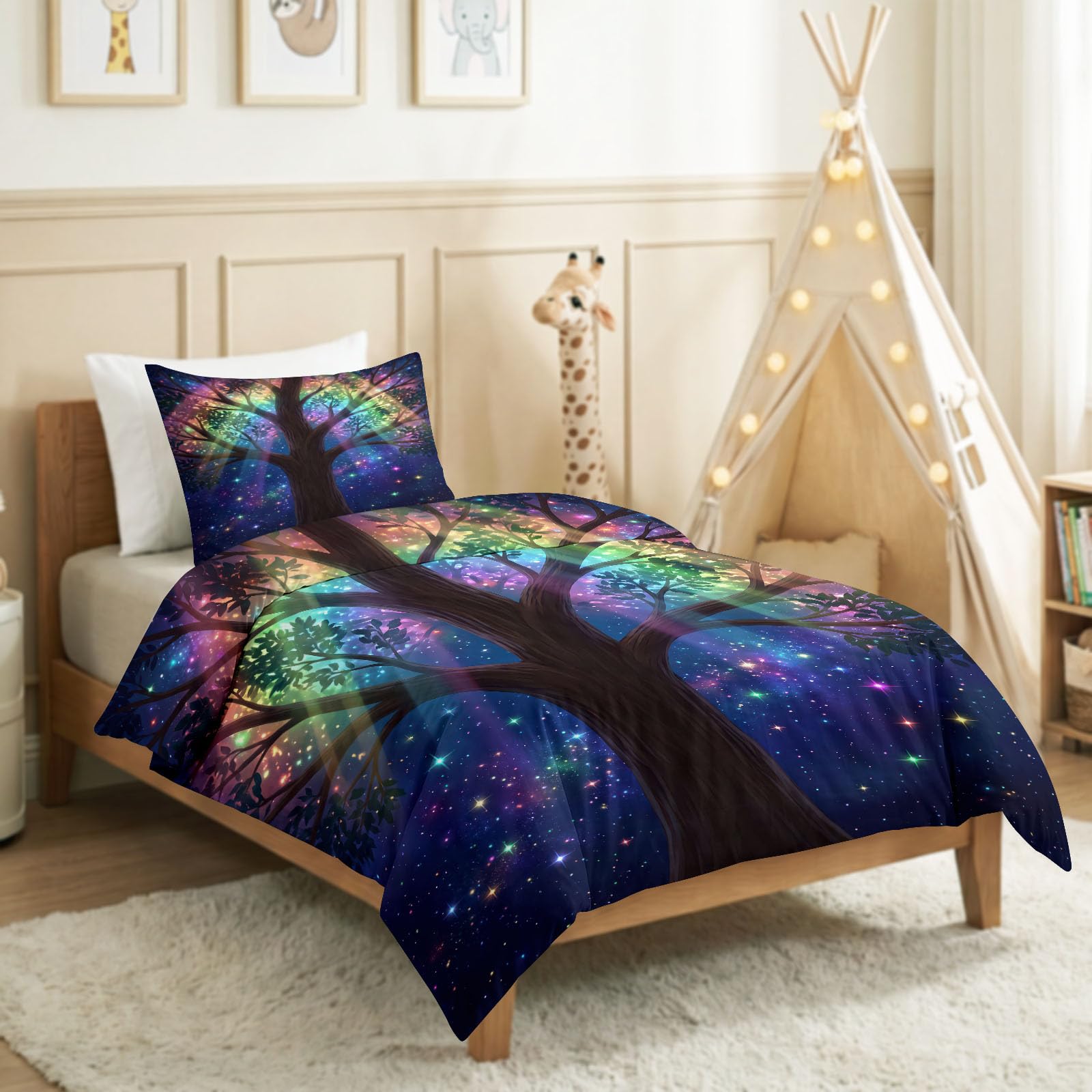 Pościel 3D, 200 x 200 cm, rośliny, gwiaździste niebo, fantazyjne, świecące drzewo, miękka, nie wymaga prasowania, oddychająca, z zamkiem błyskawicznym, w zestawie 2 poszewki na kołdrę i 2 poszewki na