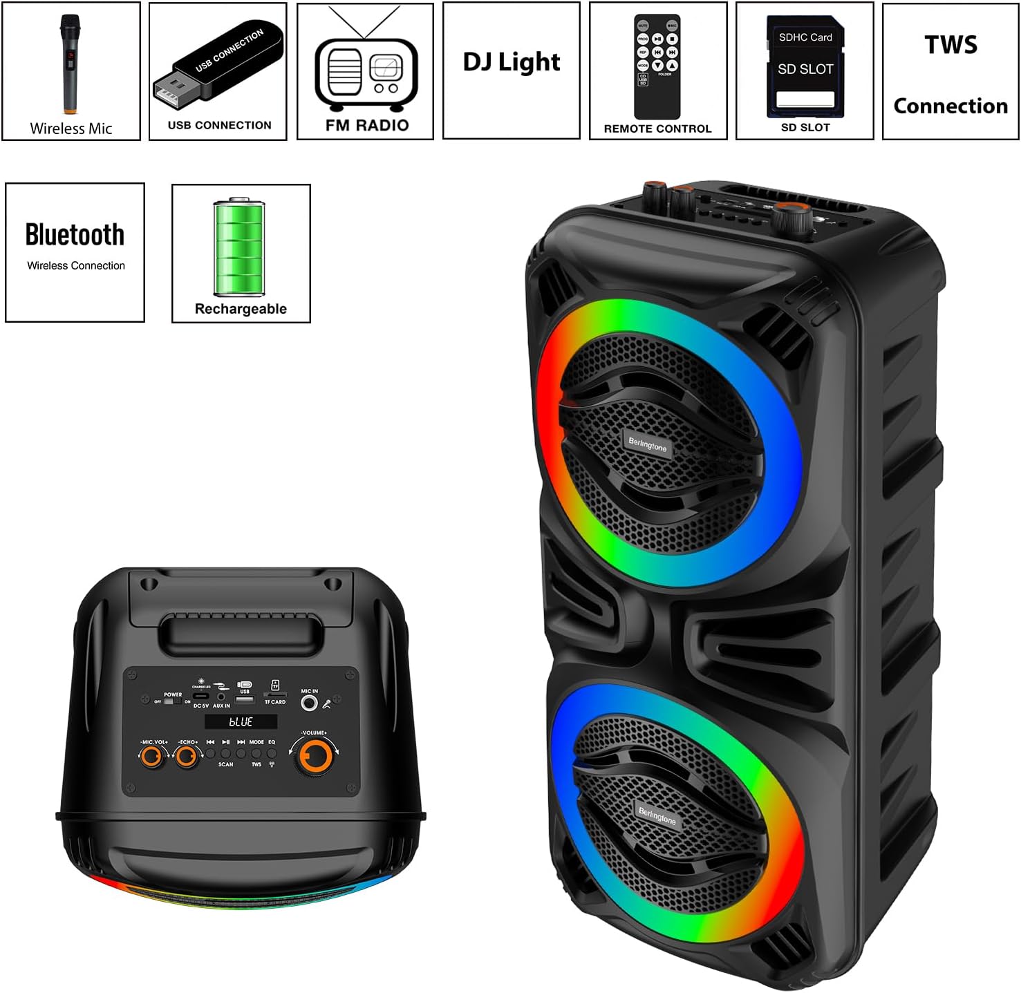 -Berlingtone Portable Bluetooth Party Box Speaker with Karaoke, with VHF Wireless Microphones, DJ Lights, Remote Control, Equalizer, USB MP3 Player, Adult Kids Home Party, Inside/Outside (BR-35K)