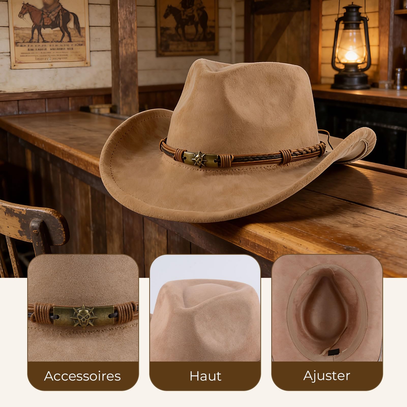 MYKAGS Chapeau de Cowboy Classique pour Les Hommes et Les Femmes, Chapeau en Daim extérieur Large Bordure, Chapeau de Cowboy Brun à la Mode avec Bande en métal crâne Parfait pour Les fêtes (Chameau)