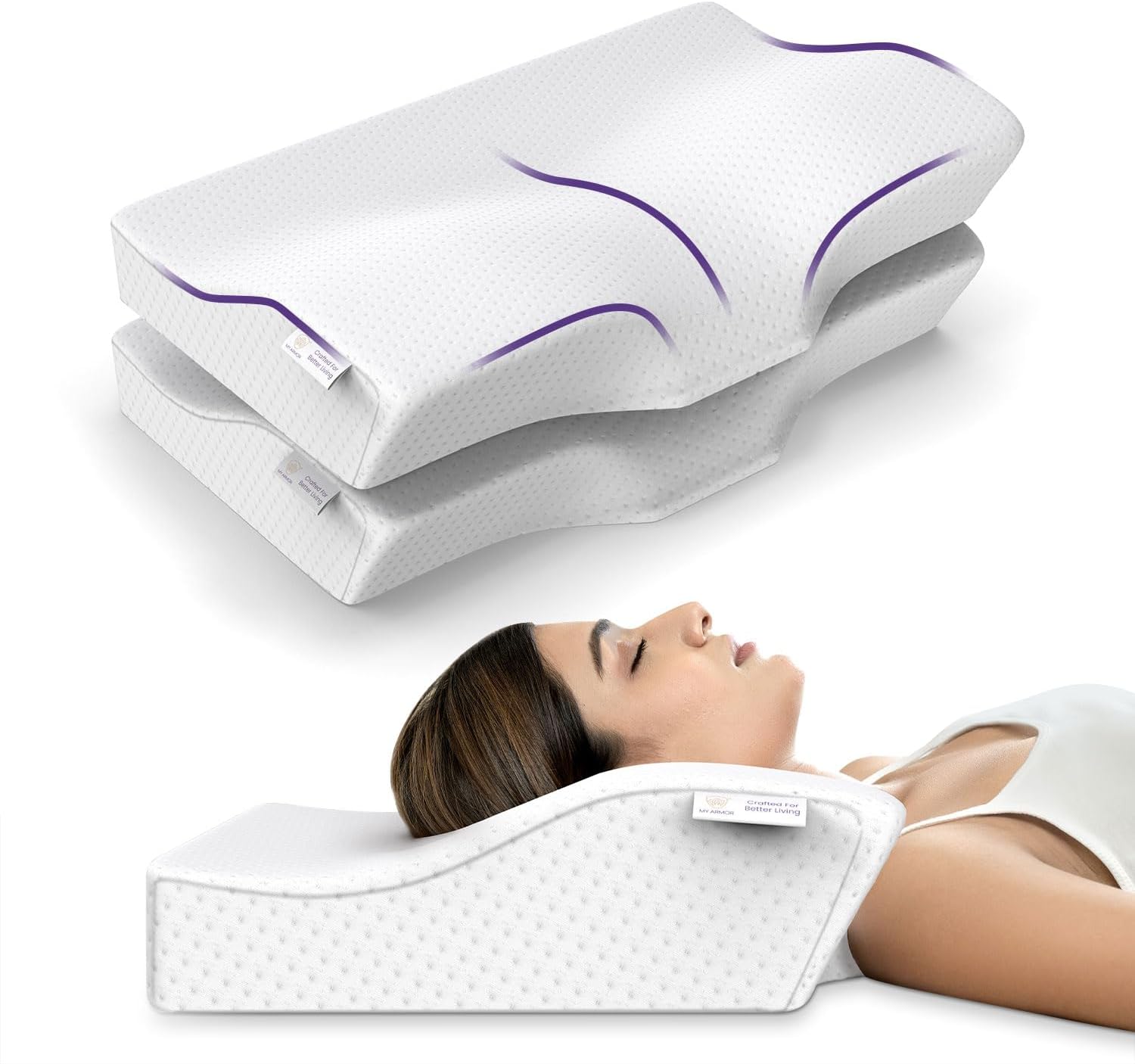 MY ARMOR Memory Foam Pillow, Orthopedic Pillow for Neck Pain, Cervical Contour Memory Foam Pillow with Extra Curve Neck Support with Dual Height -Pack of 2