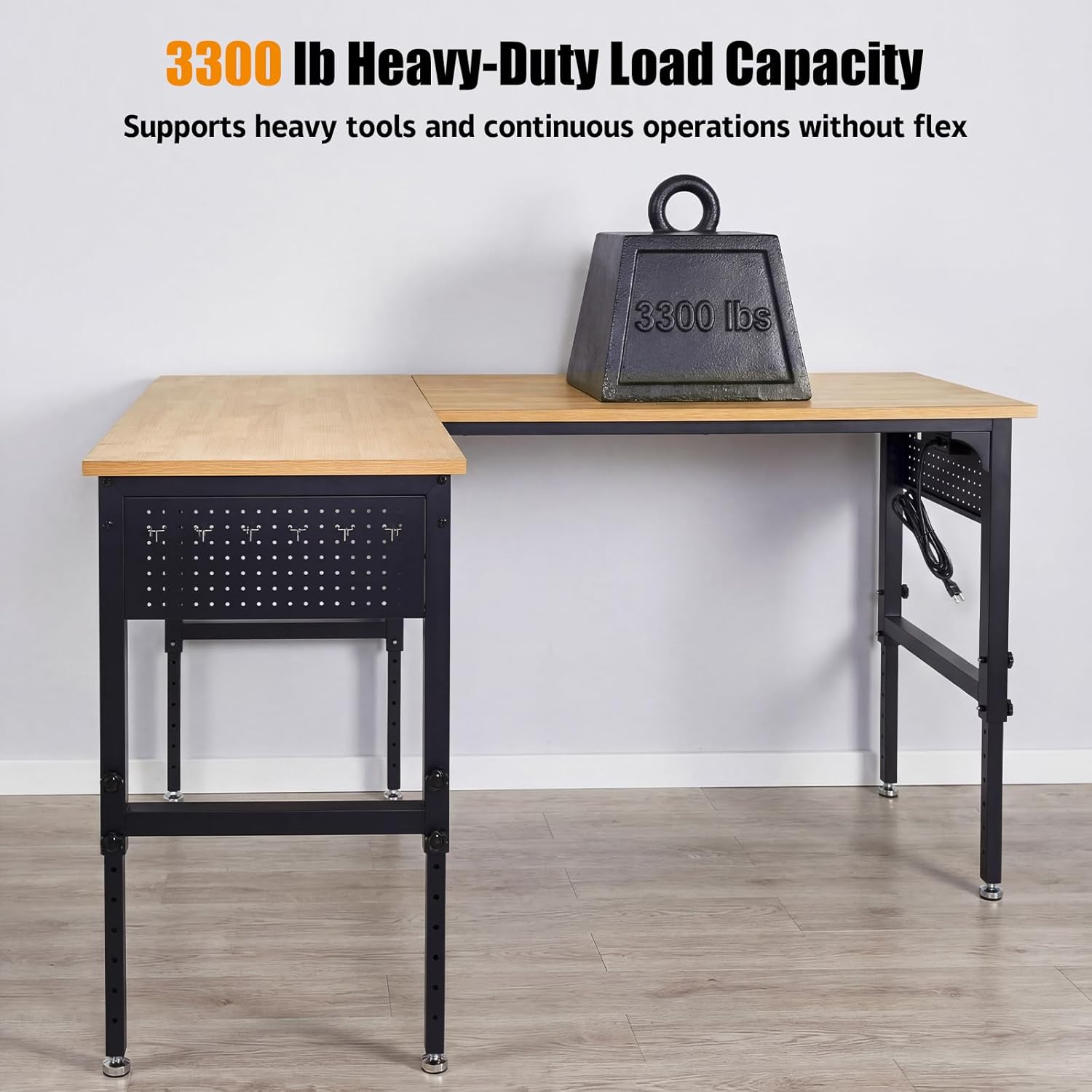 70"x47" L-Shaped Heavy Duty Work Bench, 3300 LBS Load Capacity Heights Adjustable Workbench, Work Benches for Garage with Power Outlet & Pegboard, Rubber Wood Work Table for Office, Workshop, Home