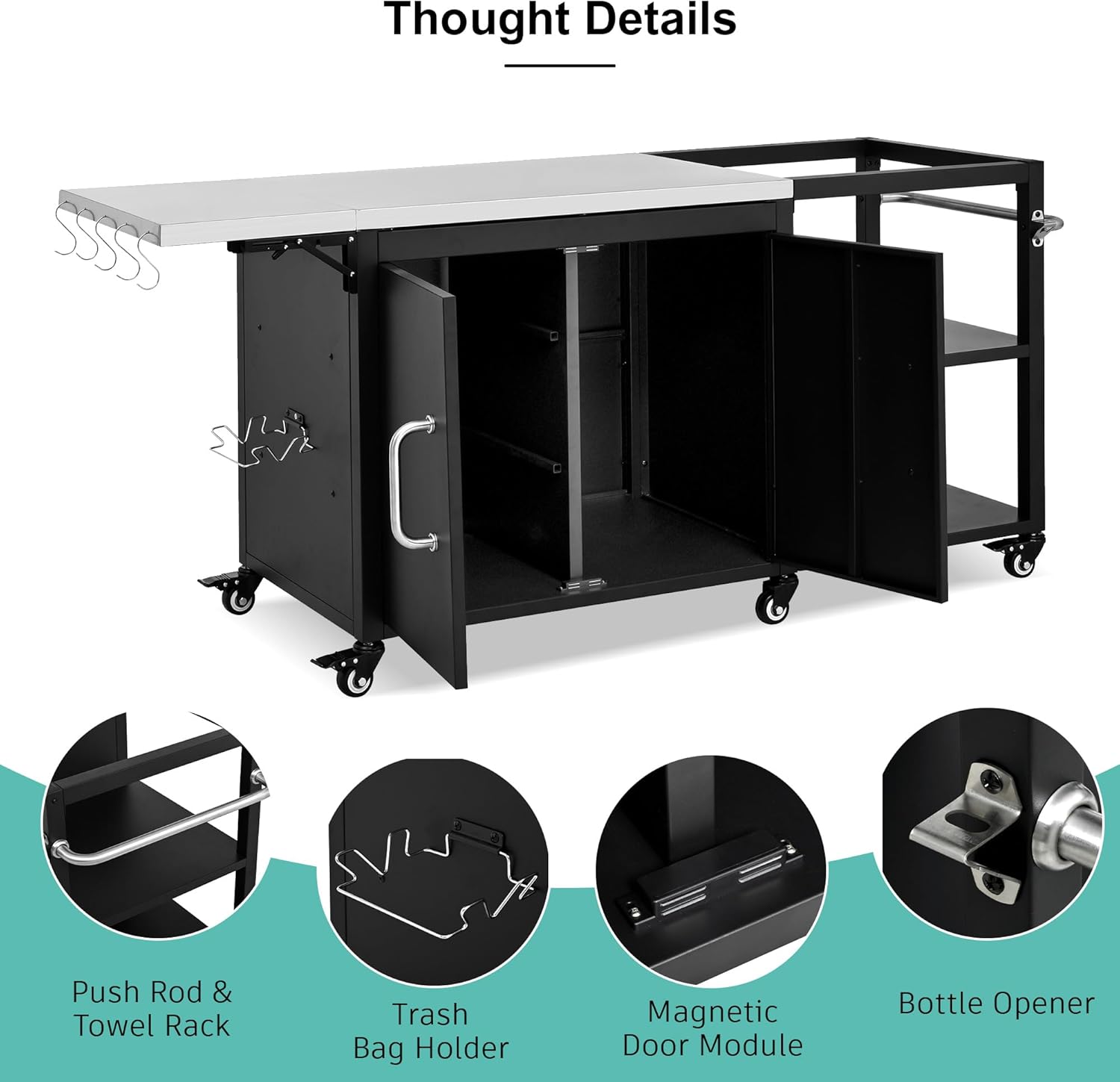 Merax 76.6" Outdoor Large Grill Cart with Storage Cabinet, Outdoor Kitchen Island with Steel Drop Leaf for Large Big Green Egg, Grill Table with Adjustable Shelf & Hooks & Bottle Opener for BBQ