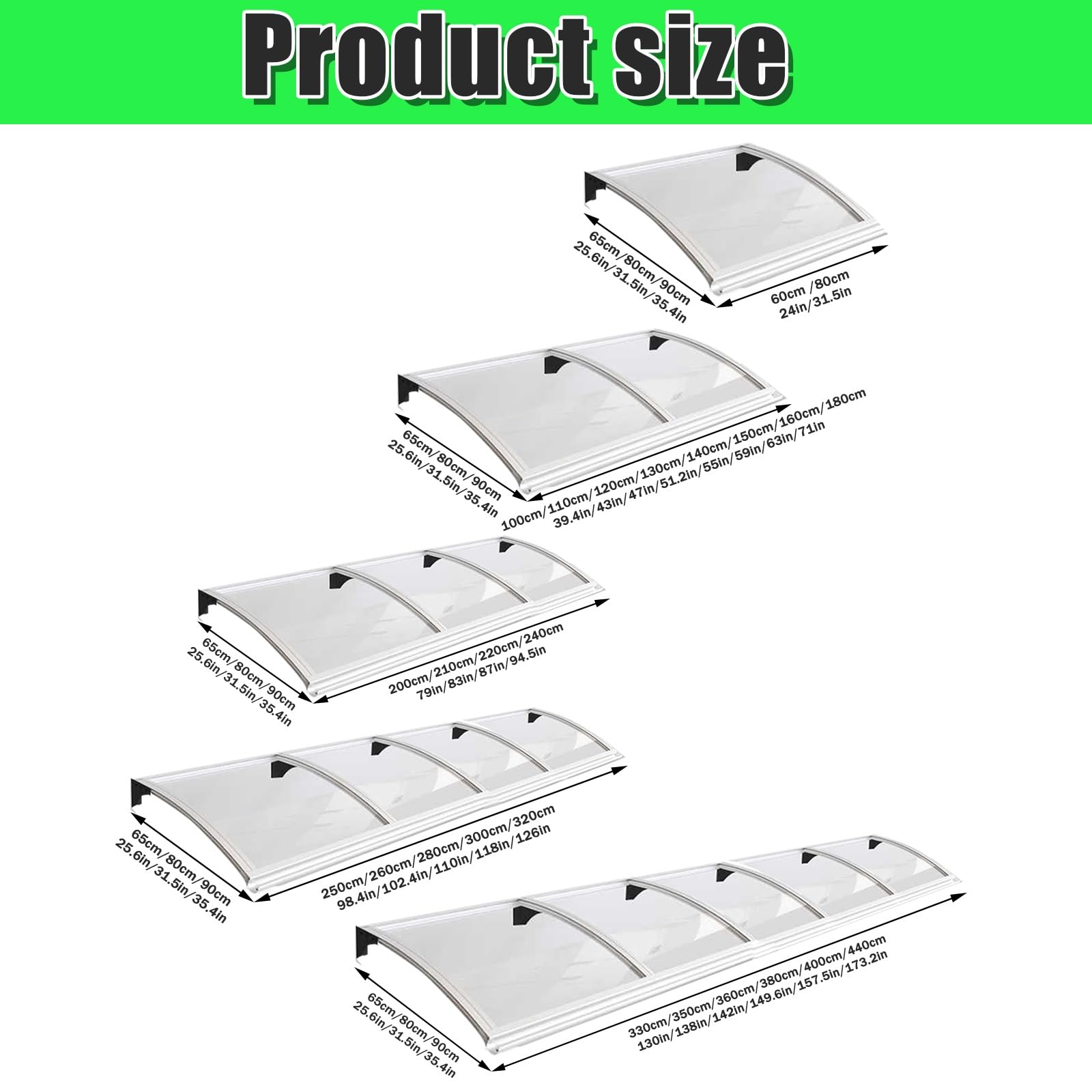 Tenda da sole curva per porta, in metallo, per portico/patio, design moderno (65 x 440 cm), protezione durevole dalla pioggia