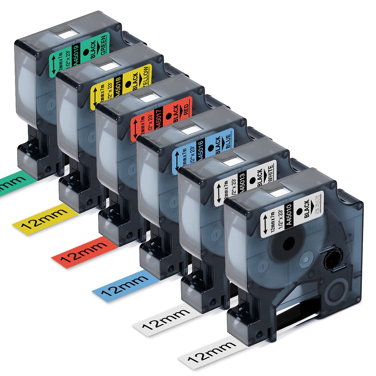 MarkDomain Compatible Label Tape Replacement for DYMO D1 12mm for LabelManager 280 160 PnP 360D 210D Label Maker Tape, 45013 45010 45016 45017 45018 45019, 1/2 Inch x 23 Feet, 6-Pack