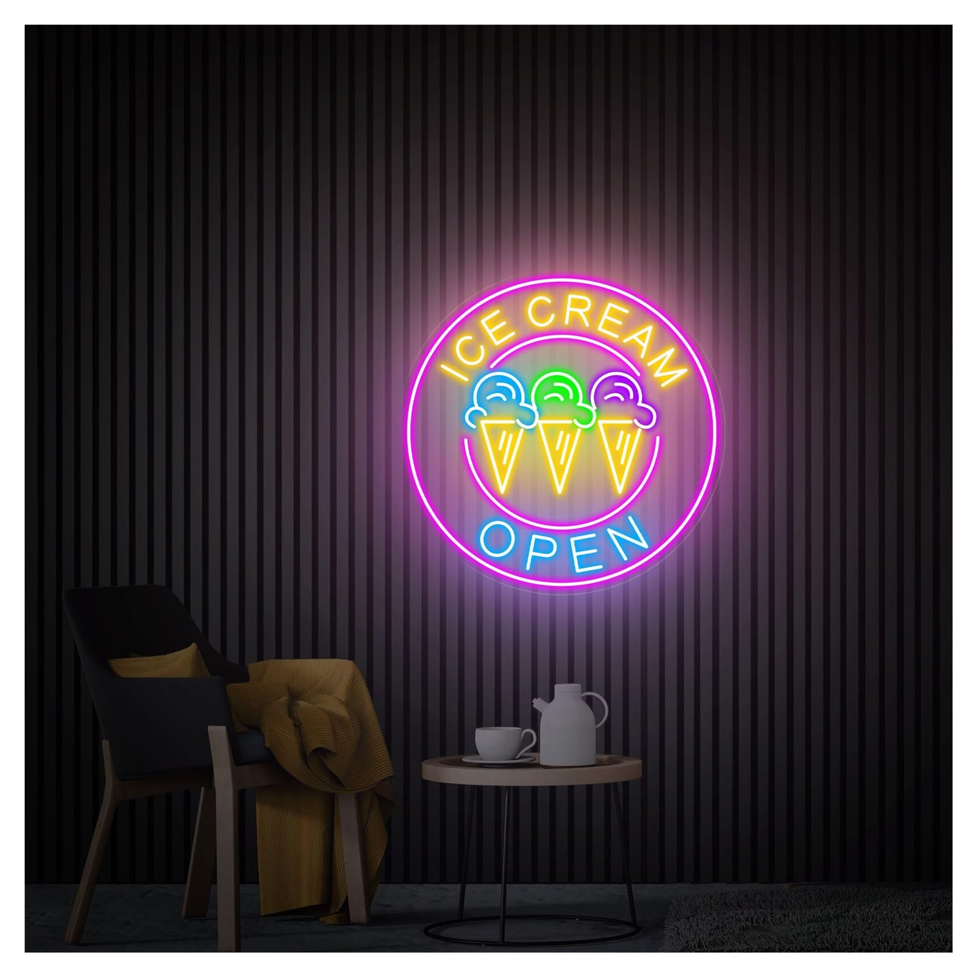 RONGCH Hanging Art Signs Ice Cream Open Neon Sign,Suitable for Cafe Dessert Shop Decor with Dimmable 50cmx50cm(D)
