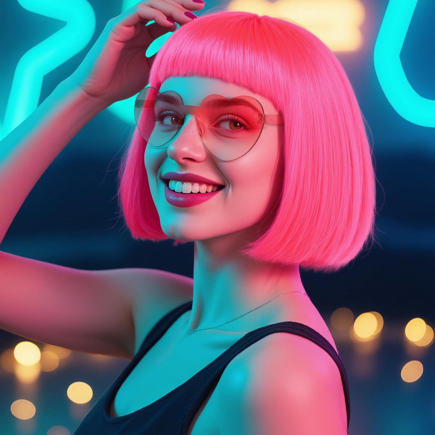 (Wig Cap + Pink Bob Wig with Sunglasses for Women Short Straight Synthetic Colorful Neon Party Wigs for Halloween Costume Womens Pink Cosplay Wigs for Adults Halloween Anime Outfit - Image 2