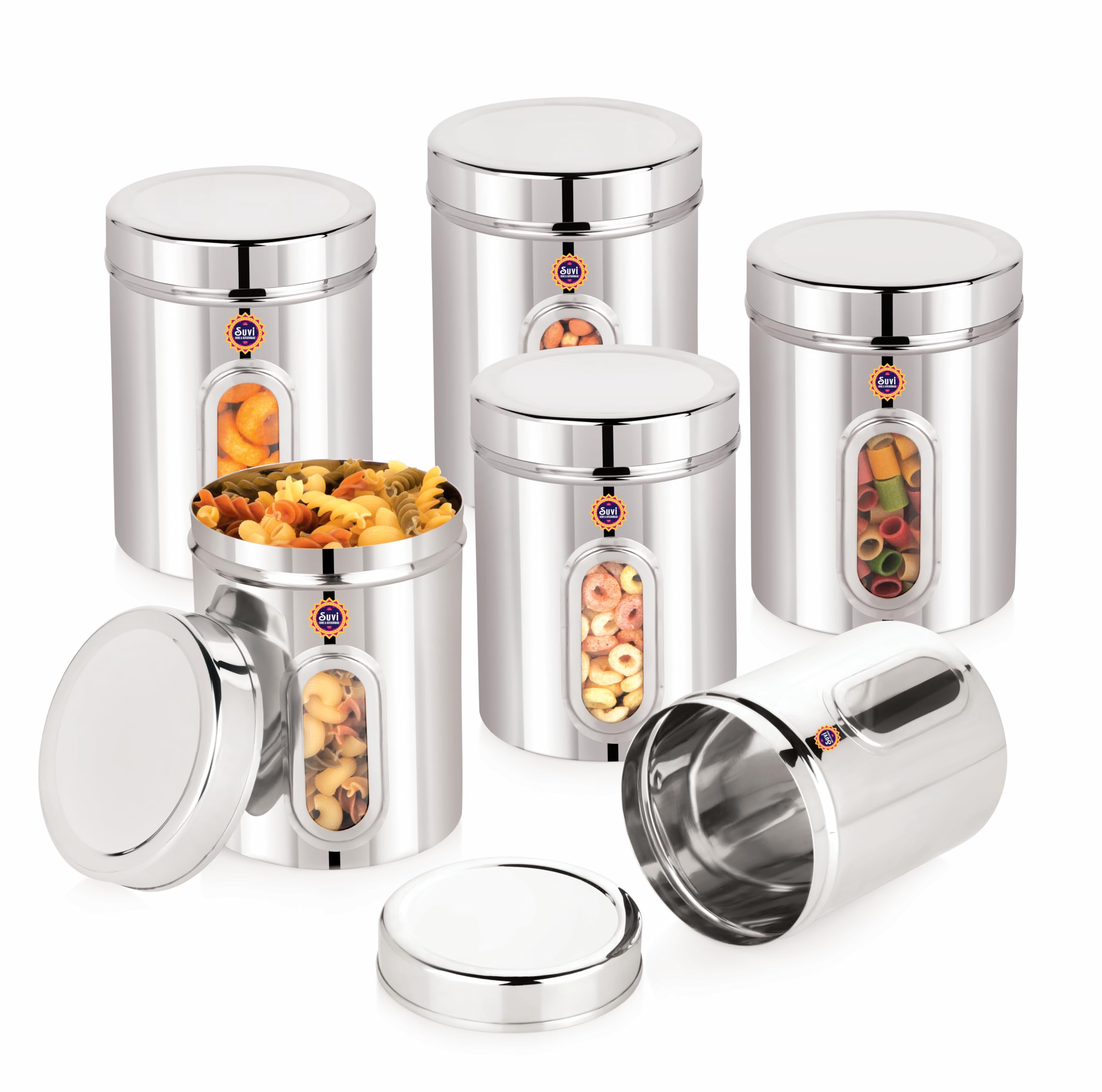 Suvi 1kg Set of 6pcs Stainless Steel Kitchen Containers with See Through Window | Food Storage Dabba | Steel Containers Set | Silver Mirror Finish | F...