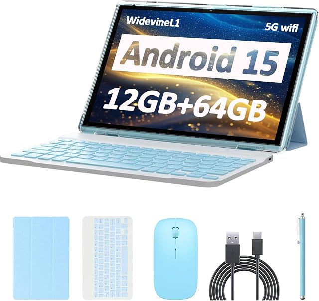 Android 15 Tablet 10 Inch, 12GB RAM+64GB ROM+1TB Expandable, 2 in 1 Tablets with Keyboard/Case/Mouse/Stylus, 1.8Ghz Quad-core Processor, 8MP Camera, 1280 * 800 IPS HD Screen Tablet, 5G WiFi 6 BT 5.0