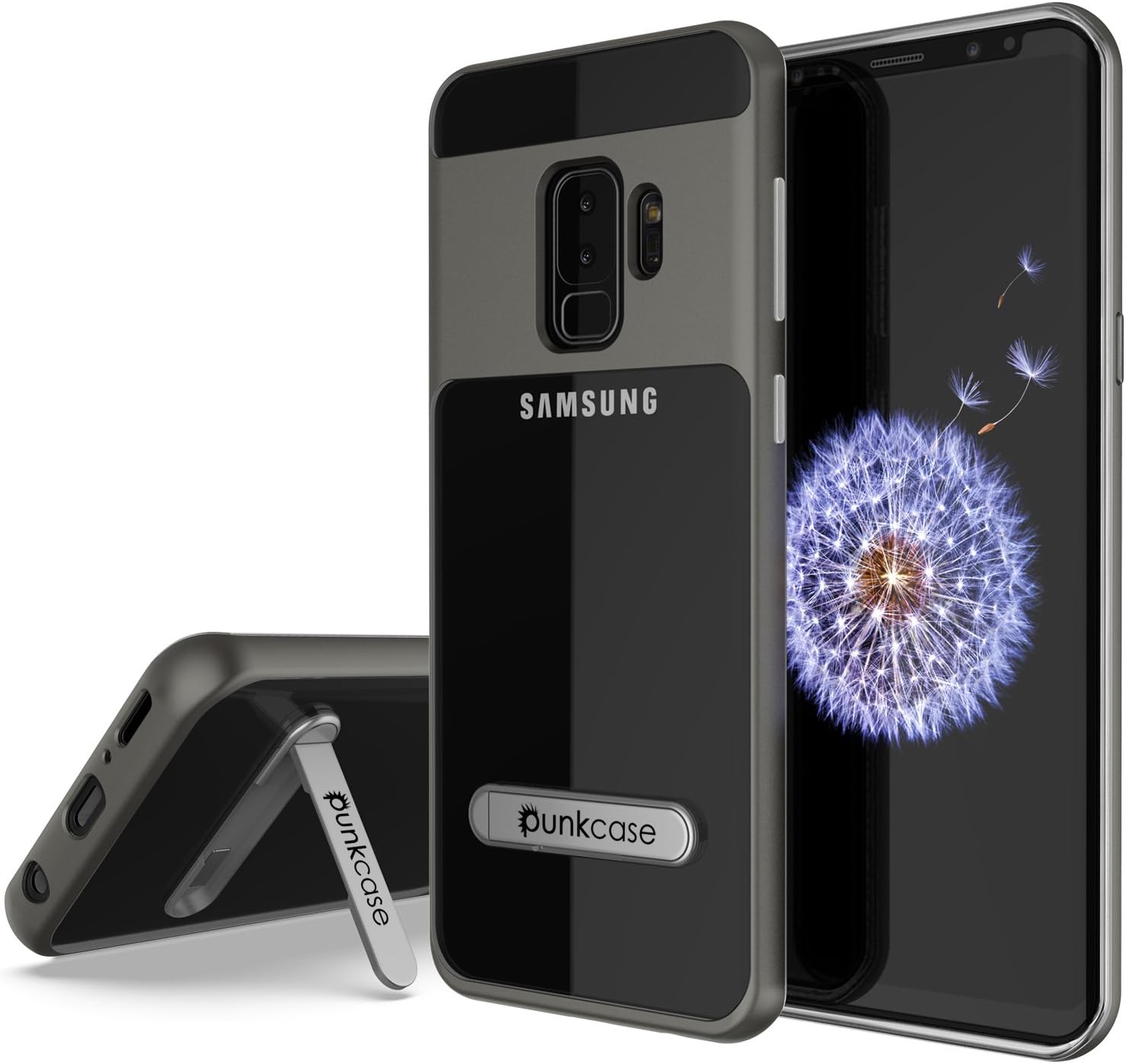 Galaxy S9 Plus Case, PUNKcase [Lucid 3.0 Series] [Slim Fit] [Clear Back] Armor Cover w/Integrated Kickstand, Drop Protection & PUNKSHIELD Screen Protector for Samsung Galaxy S9+ [Grey]
