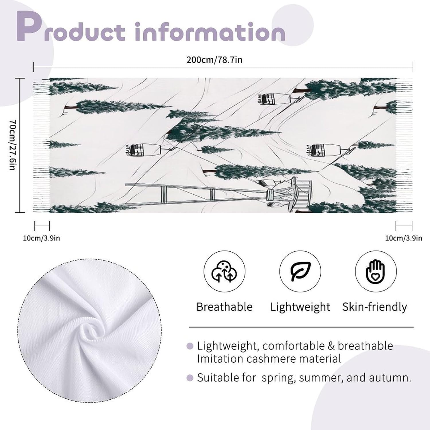 Ski Lift With Fir Tree Scarf for Women Men Classic Fashion Blanket Scarves Soft Cashmere Feel Scarf Cold Weather Warm Long Shawl Winter Large Scarves Classic Blanket Scarfs Thick