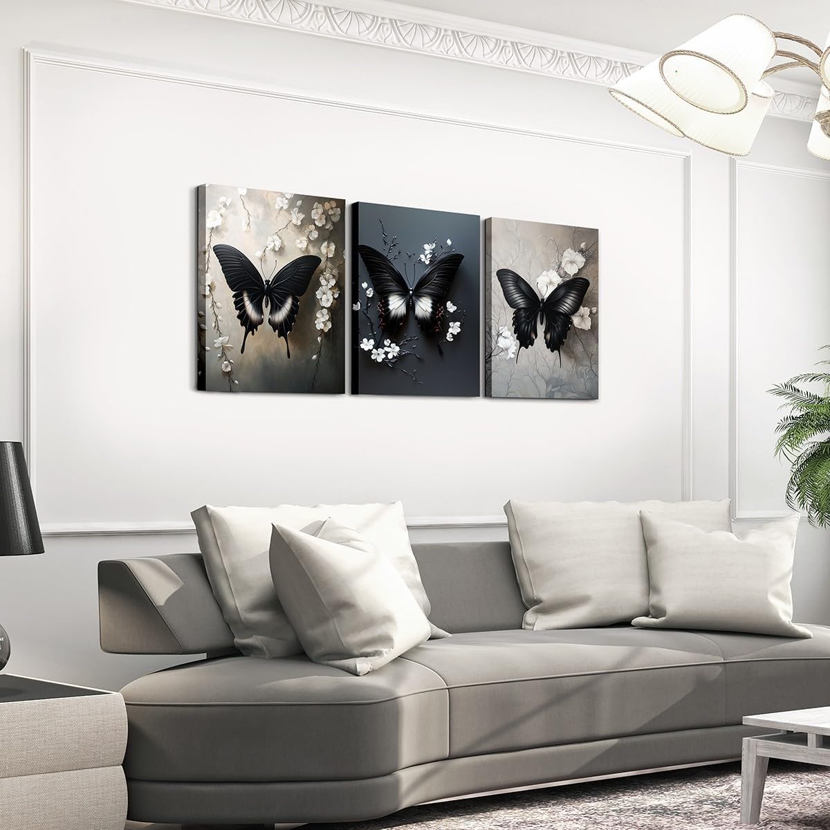 Feelyou Girls Black Butterfly Canvas Wall Art for Living Room Bedroom White Floral Painting Decor Modern Chic Abstract Art Kids Boys Girls Picture Artwork Posters Prints 12"x16"x 3Pcs