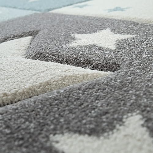 Miniatura 4 de Paco Home Alfombra infantil para guardería a cuadros con puntos y estrellas en azul, blanco y gris, tamaño 3'11" redonda