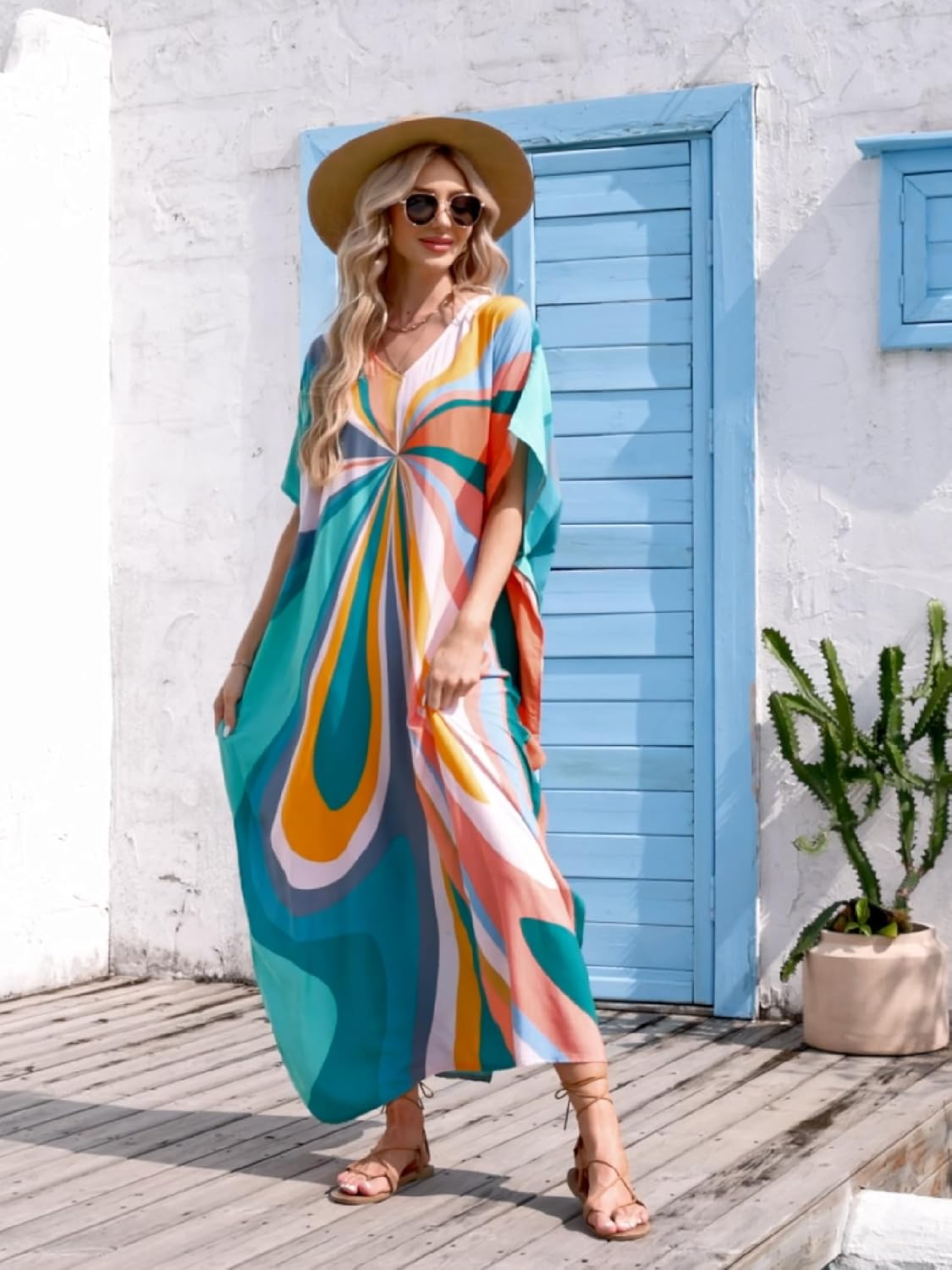 Moss Rose Kaftan Dresses for Women V Neck Summer Swimsuit Cover up Caftan Maxi Beach Dresses