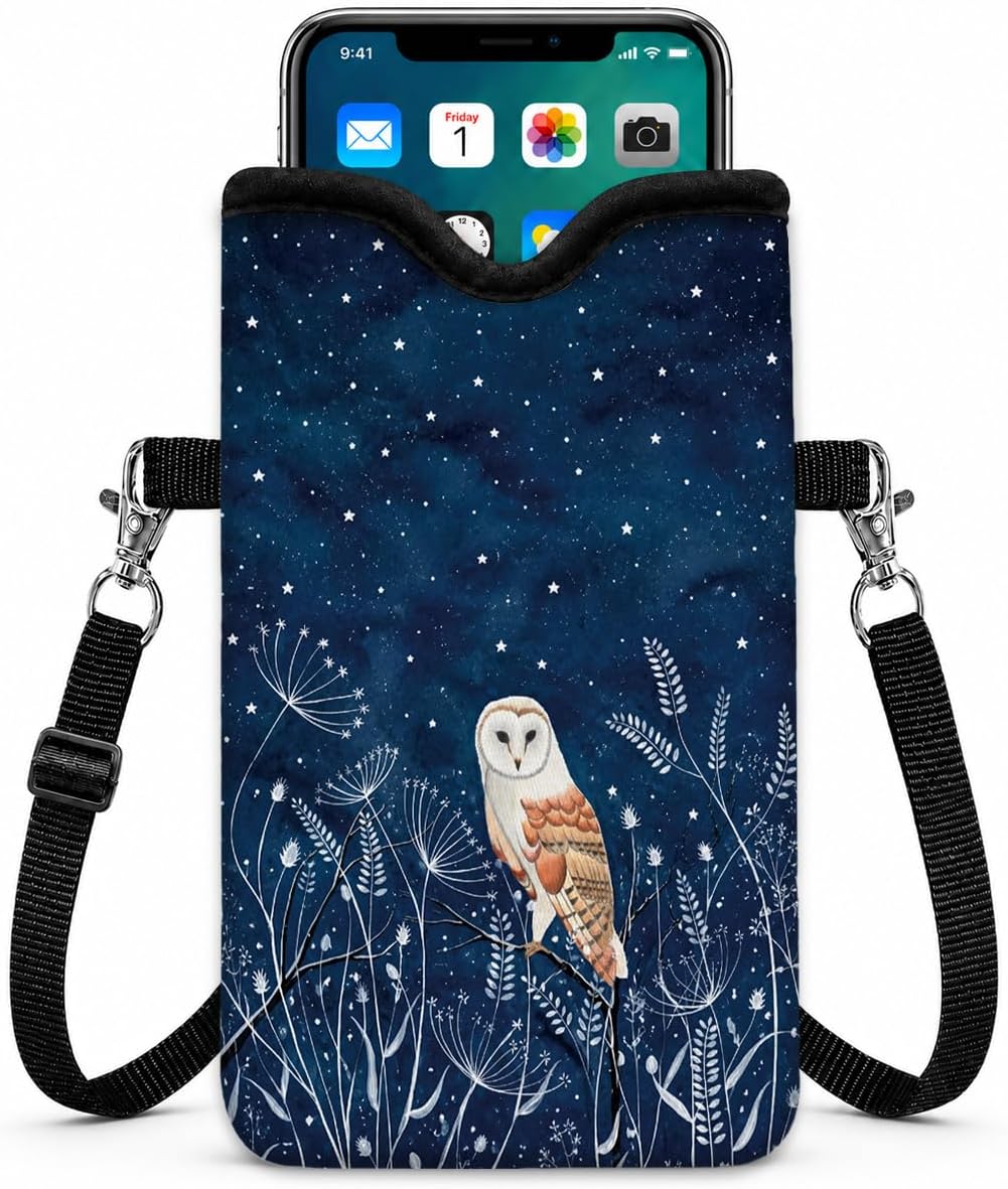 Neoprene Phone Sleeve Pouch Case Bag with Crossbody Strap, Starry Owl
