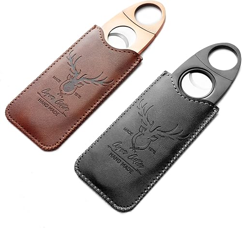 Miniatura 5 de Guillotina cortadora de cigarros de acero inoxidable con bolsa de cuero, doble hoja para un corte perfecto preciso (ciervo de bronce)