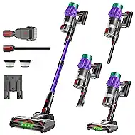 Cordless Vacuum Cleaner Pet Hair, 650W 50Kpa Suction Lightweight Vacuum, 60-Min Runtime LED Display, 2 HEPA Filters & Brushes, 180° Lay-Flat, Anti-Tangle Brush, Wall-Mount Rechargeable,Purple