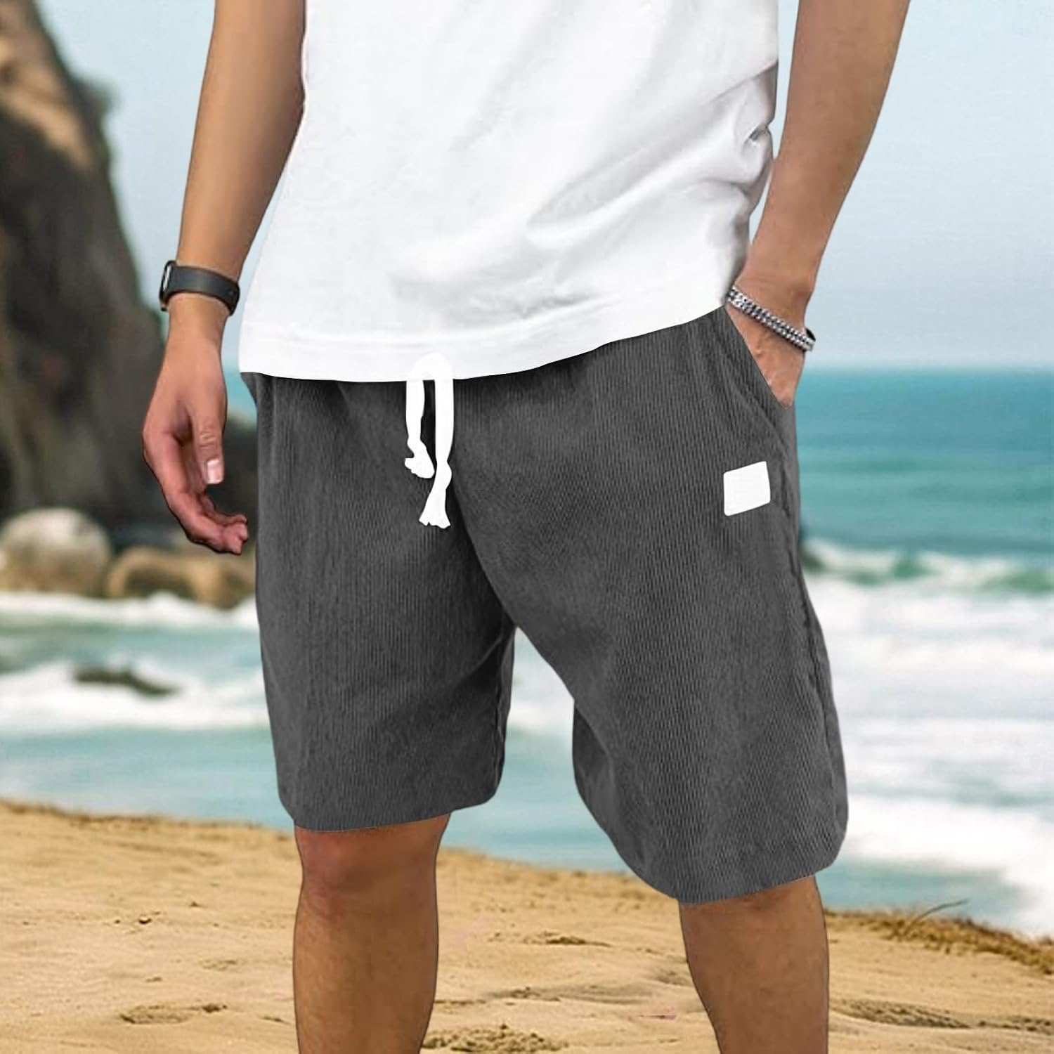 lcyhony Mens Shorts Casual Summer Lightweight Knee Length Corduroy Shorts Elastic Waist Drawstring Beach Short with Pockets