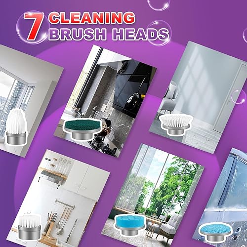 Miniatura 5 de Depurador eléctrico giratorio, 7 cabezales de cepillo reemplazables, limpiador de baño de 1.5 horas de doble velocidad y brazo de extensión