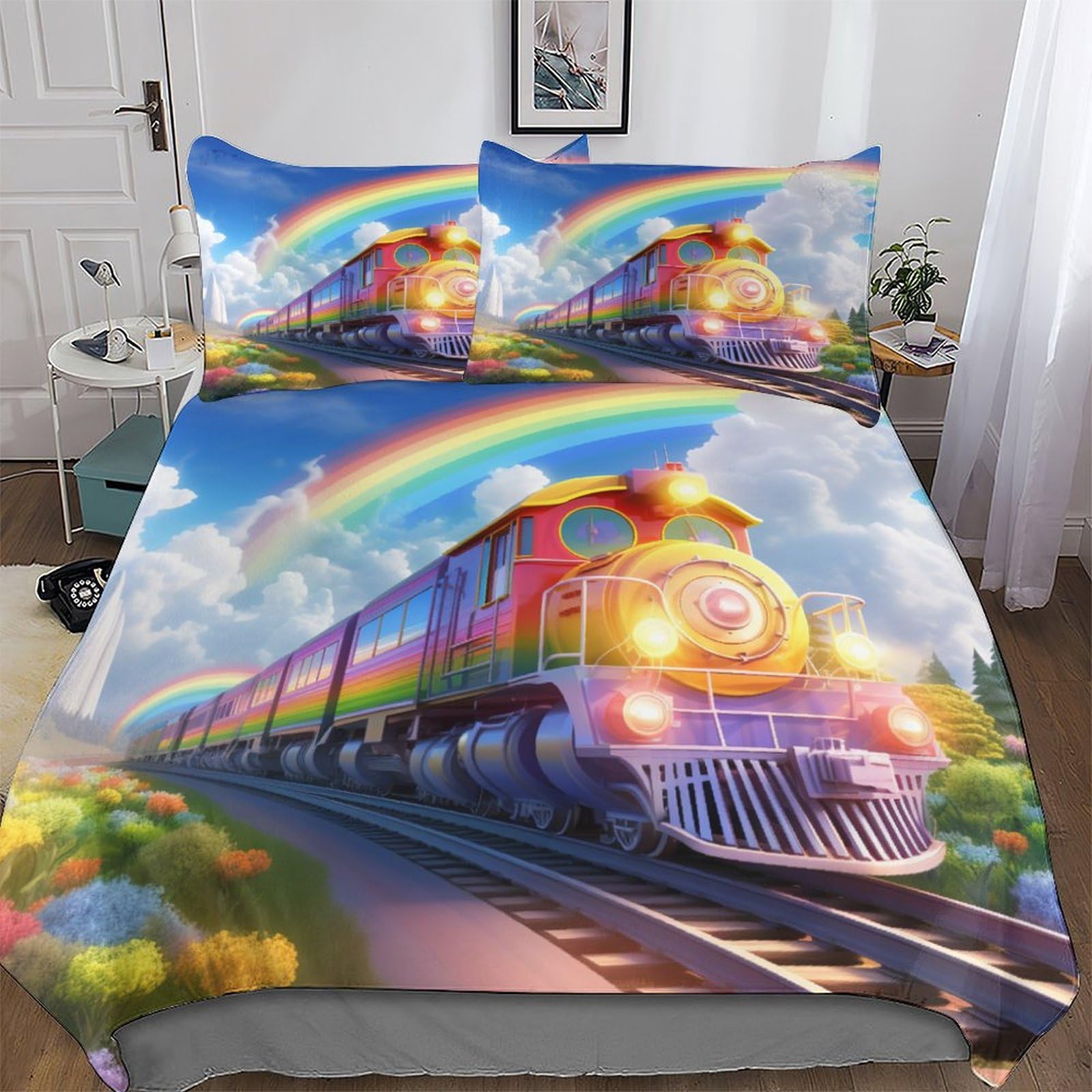 Housse de couette Train Arc-en-Ciel lit enfant 3 pièces parure de lit double 200x200cm microfibre