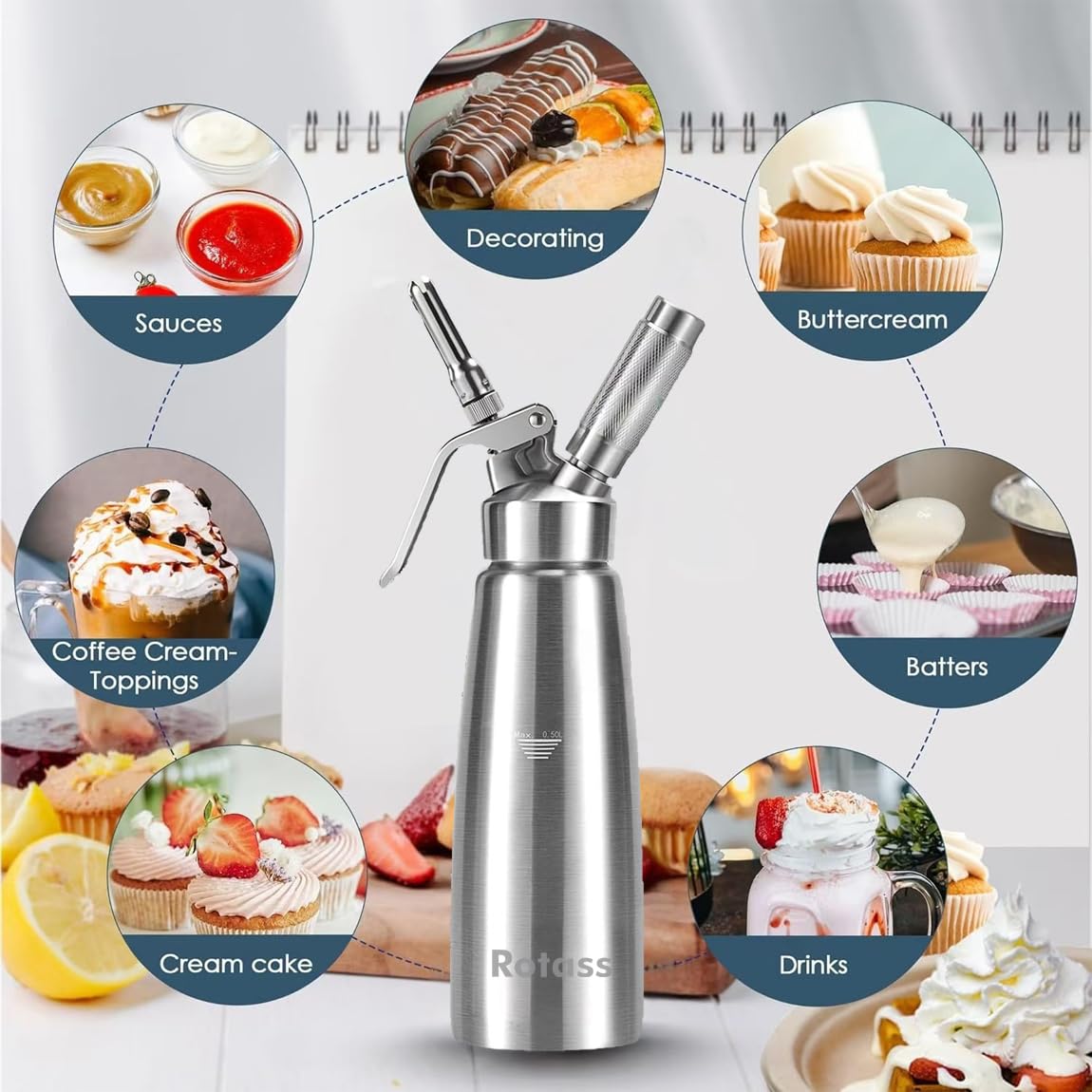 Dispensador de crema batida de acero inoxidable de 500 ml con 3 boquillas, pulverizador de crema para postres, batidor de crema, sifón de crema, sifón de crema, botella de espuma, fabricante de