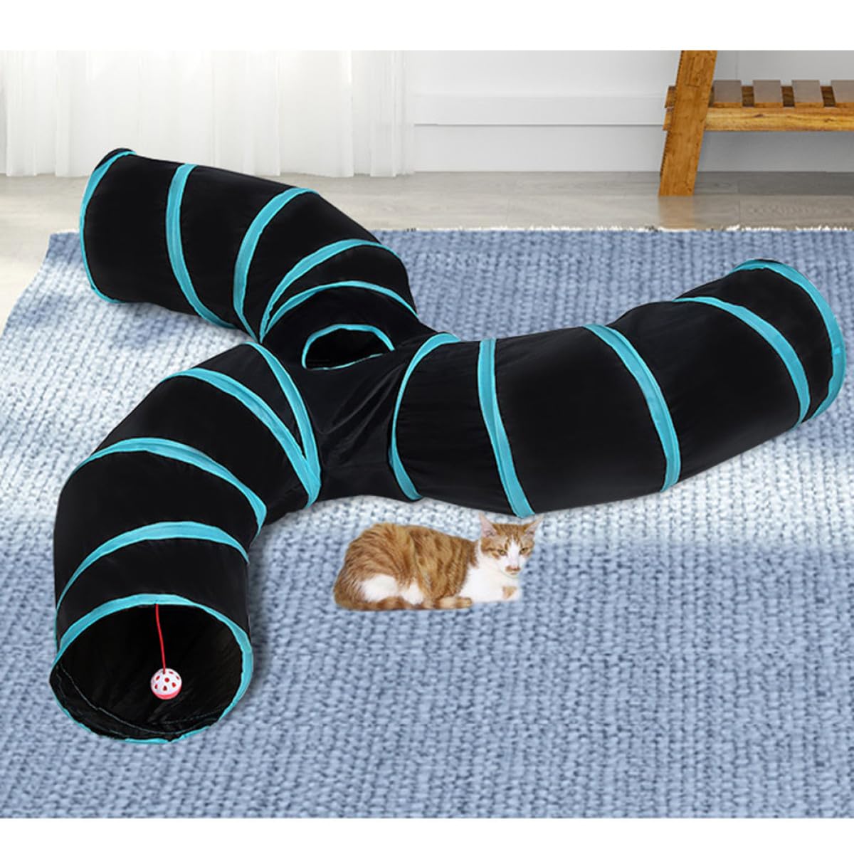 SHINEOFI Juguete para Gatos Túnel de Poliéster Negro Diseño de Tres Túneles en Forma de S, Portátil y Divertido para Jugar en Suministros para Mascotas