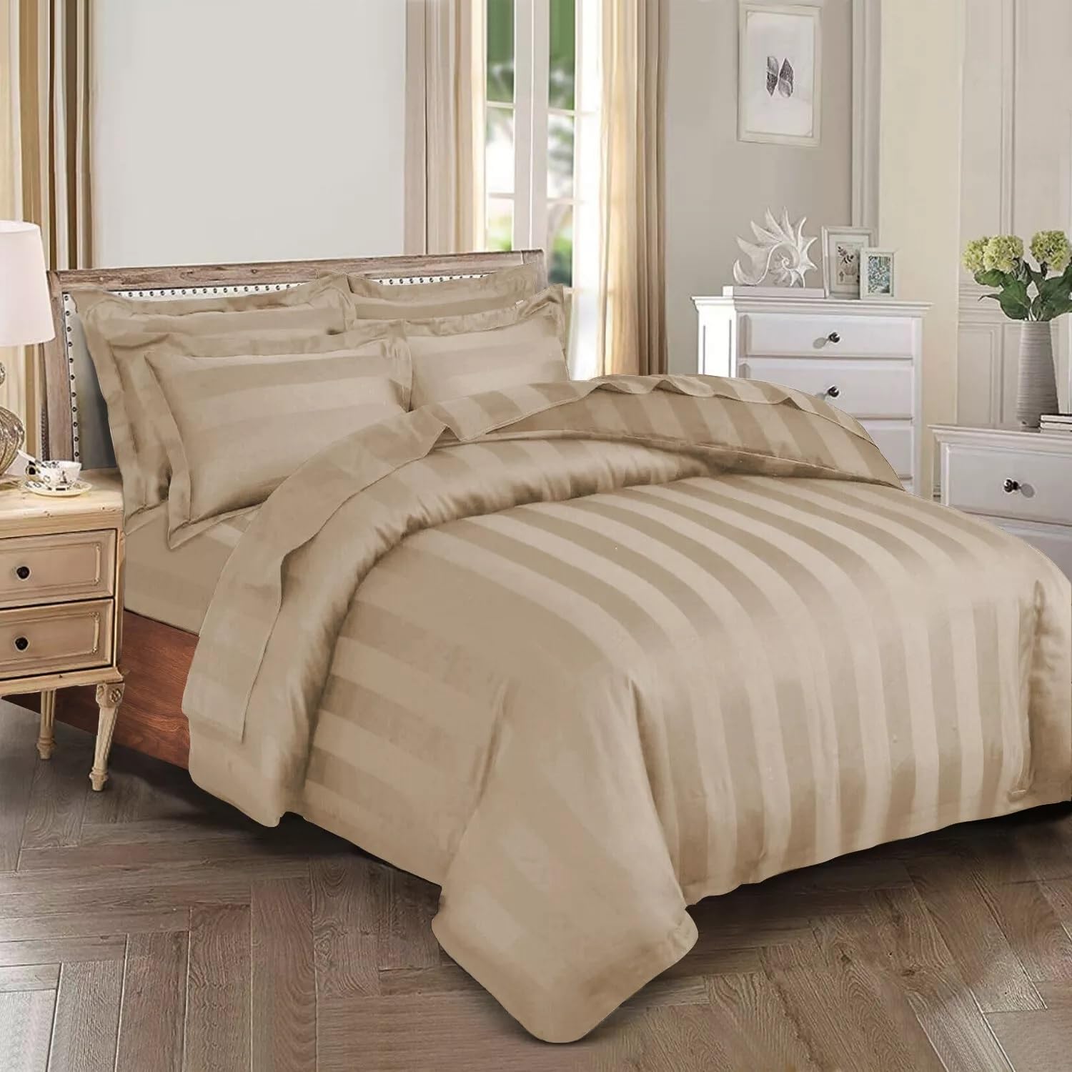 Luxury Product 100% Hotel Egyptian Cotton 300 Thread Count Bedding Fitted Sheet Duvet Quilt Set with cases Black/Grey/White (beige, double)