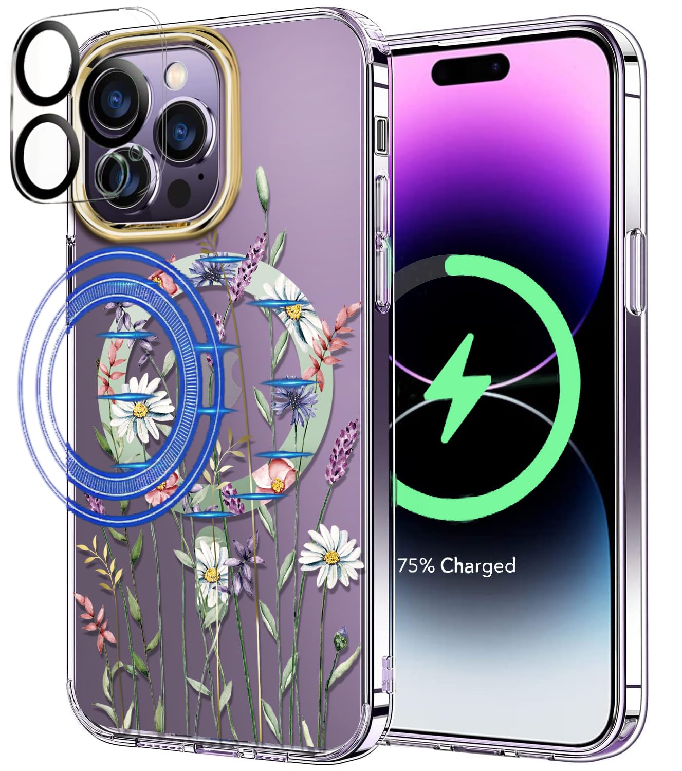 luolnhfor iPhone 14 Pro Max Case Compatible with MagSafe, [Camera Lens Protector] Magnetic Flower Clear Shockproof Bumper Women Phone Case-White&Purple